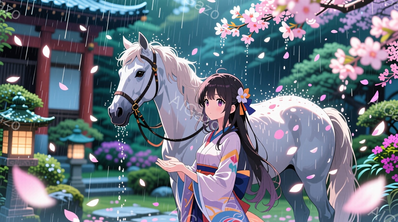 白い馬が、桜の花びらが舞う庭に立っている。少女は着物を着ており、黒髪を長く伸ばし、少し微笑んでいる。背景には日本家屋が見え、雨が降っており、全体的に幻想的で穏やかな雰囲気が漂っている。