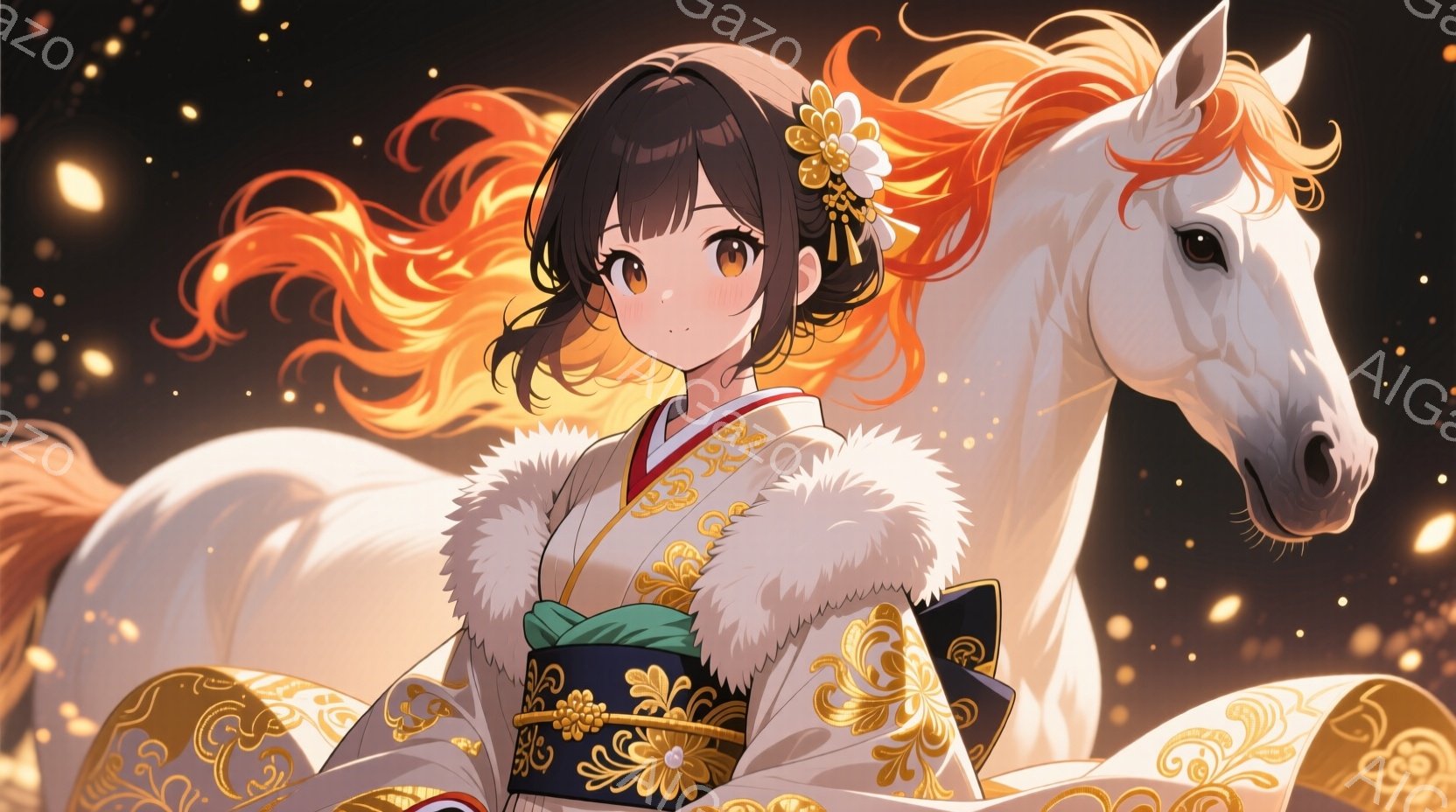 金色の刺繍が施されたオフホワイトの着物を着た若い女性が描かれています。彼女は鮮やかな緑色の帯と白いファーの襟元が特徴で、茶色のカールした髪は肩から流れ落ちています。背景は暗く、金色の粒子が散りばめられ - AI生成フリー素材