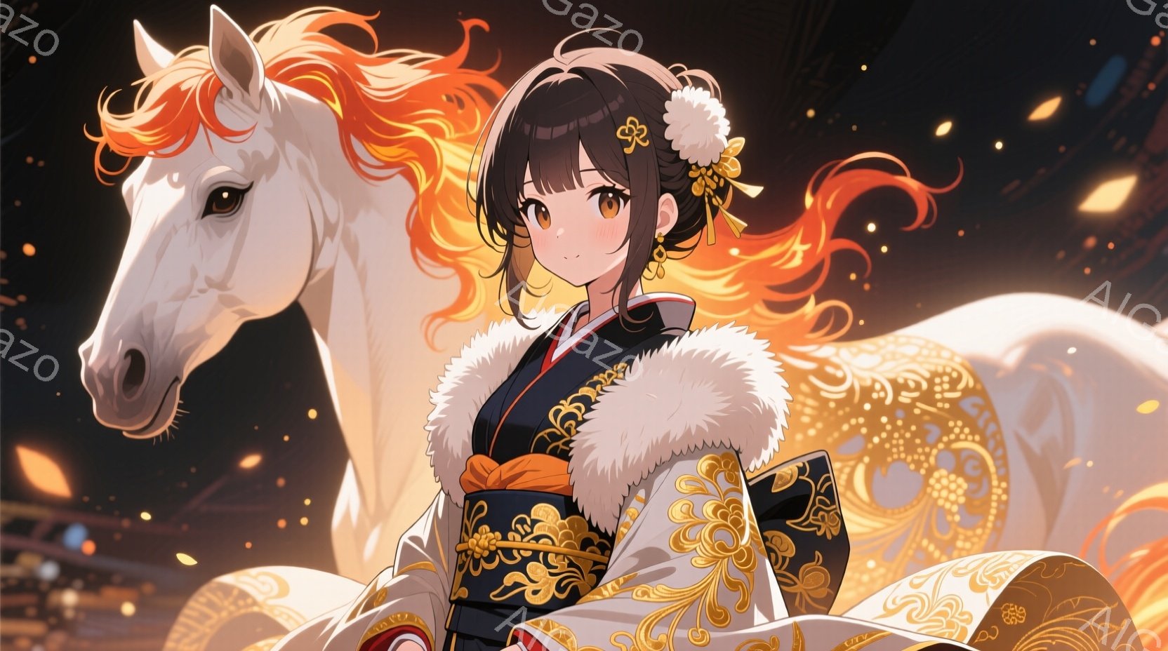 長いオレンジ色の髪をなびかせ、華やかな着物姿の女性が描かれています。着物には金色の模様が施され、首元には白いファーがアクセントとして付いています。背景には白馬が描かれており、背景全体が暖色系の光で照ら - AI生成フリー素材