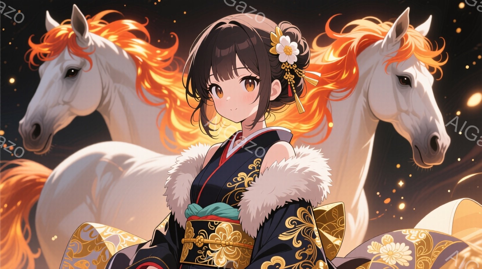 鮮やかな色彩の着物を着た若い女性が描かれています。彼女は温かい笑顔を浮かべ、髪を後ろでまとめ、金色の髪飾りをつけています。背景には、2頭の白い馬が描かれ、金色の光の粒子が舞い散る幻想的な雰囲気を作り出 - AI生成フリー素材