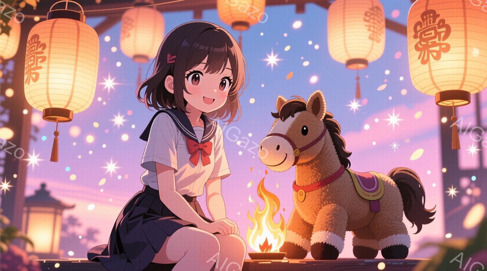 短い茶色の髪に結び目のあるリボンをつけた少女が描かれています。彼女はセーラー服を着ており、笑顔でかがり火の前に座っています。背景には、提灯が飾られた伝統的な建物が並び、夜空には星が輝き、幻想的な雰囲気 - AI生成フリー素材