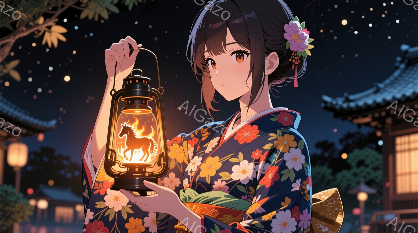 深い藍色の地に様々な花が咲き乱れる浴衣を着た若い女性が描かれています。彼女は片手に提灯を持ち、提灯の中には馬のシルエットが光っています。背景には日本の伝統的な建築物が見え、夜空には星が輝き、幻想的で落 - AI生成フリー素材