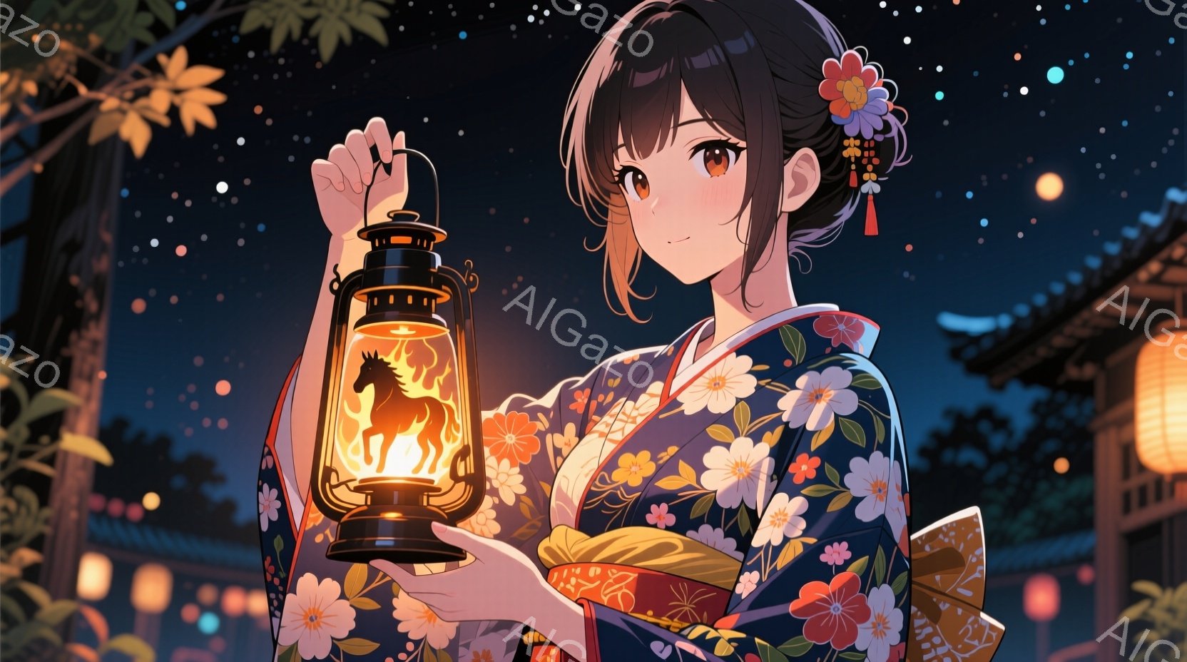 深い藍色の花柄の着物を着た少女が、点灯した提灯を正面に向けて掲げています。黒髪を後ろでまとめ、赤い紐と花飾りをつけており、穏やかな微笑みを浮かべています。背景には、提灯が灯る薄暗い夜の街並みと、木々の - AI生成フリー素材