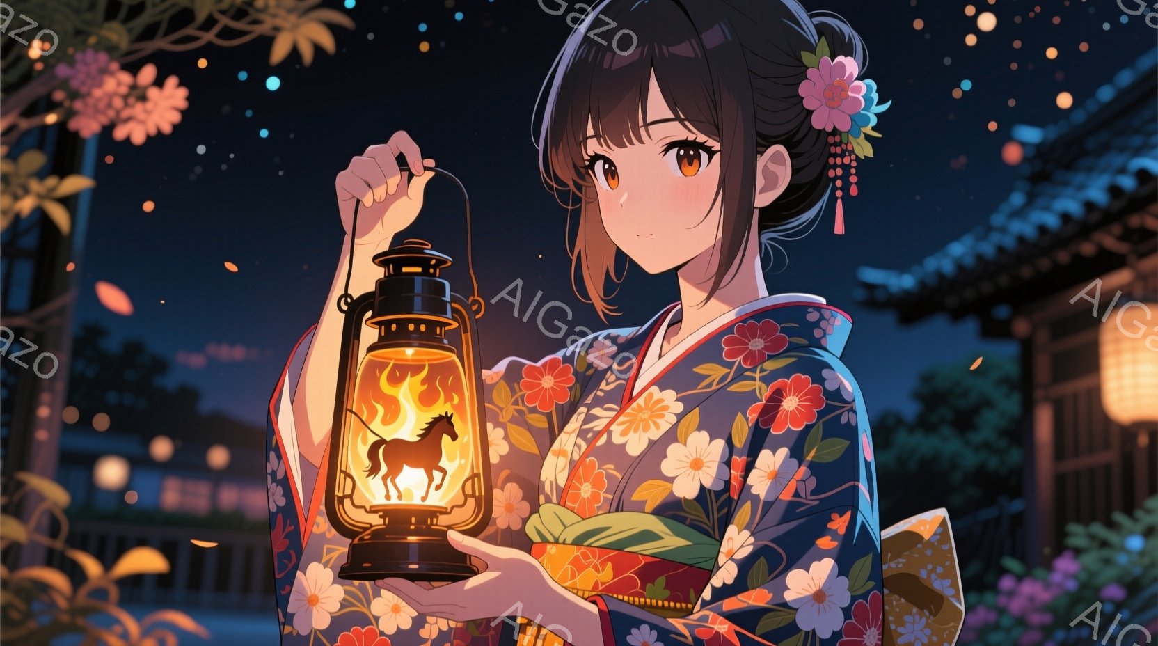 深い青色の花柄の着物を着た若い女性が、提灯のようなランプを持っています。彼女は黒髪で、髪飾りをつけており、少し微笑んでいるように見えます。背景にはぼやけた木造建築物と花が咲き乱れ、夜空には小さな光が散 - AI生成フリー素材