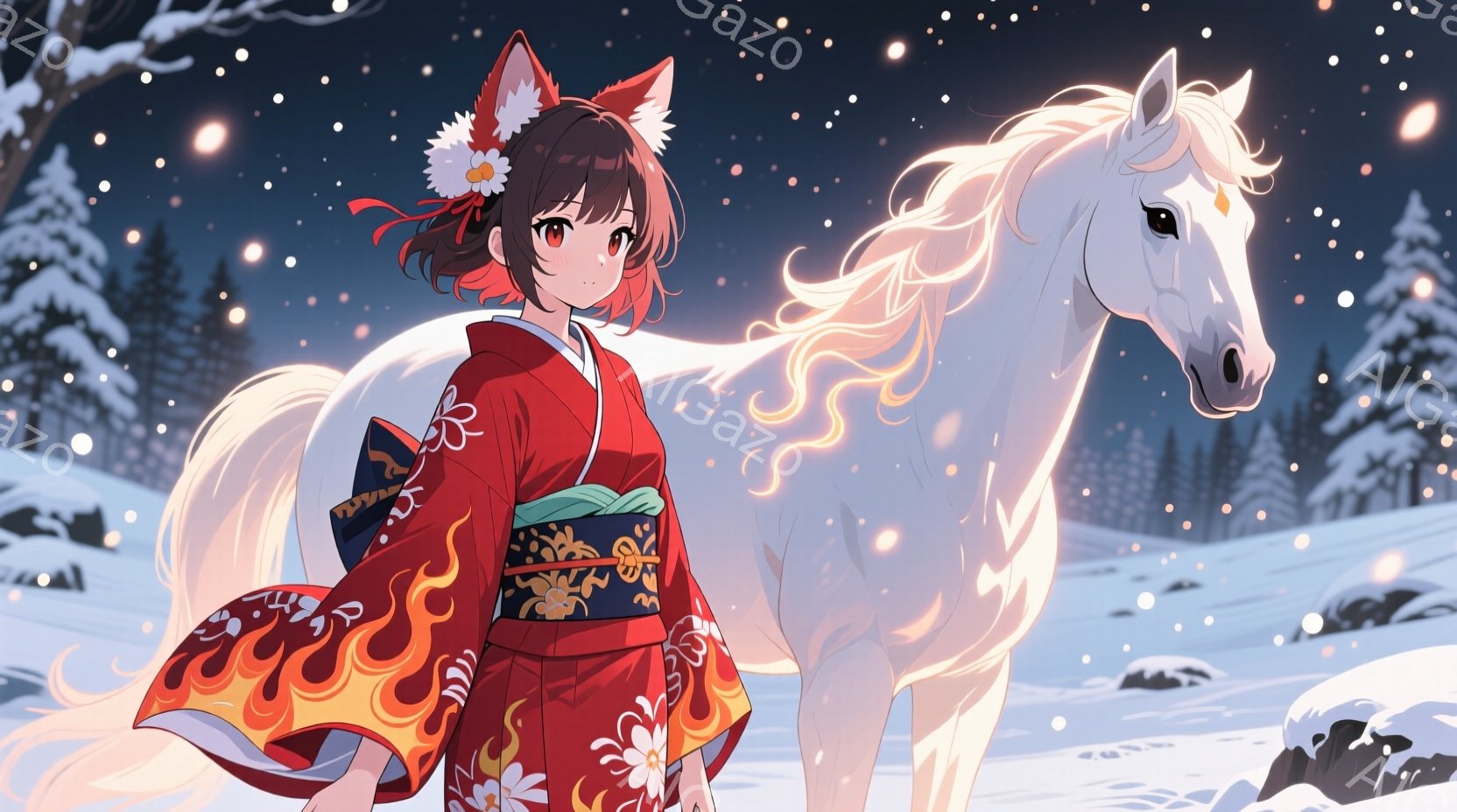 深紅色の着物を着た少女が、輝く白い馬の隣に立っている。彼女は花柄の髪飾りをつけ、少し微笑んだ表情で、冬の雪景色を背景に、穏やかで幻想的な雰囲気を醸し出している。背景には雪をまとった木々が立ち並び、降り積もる雪が幻想的な光景を作り出している。
