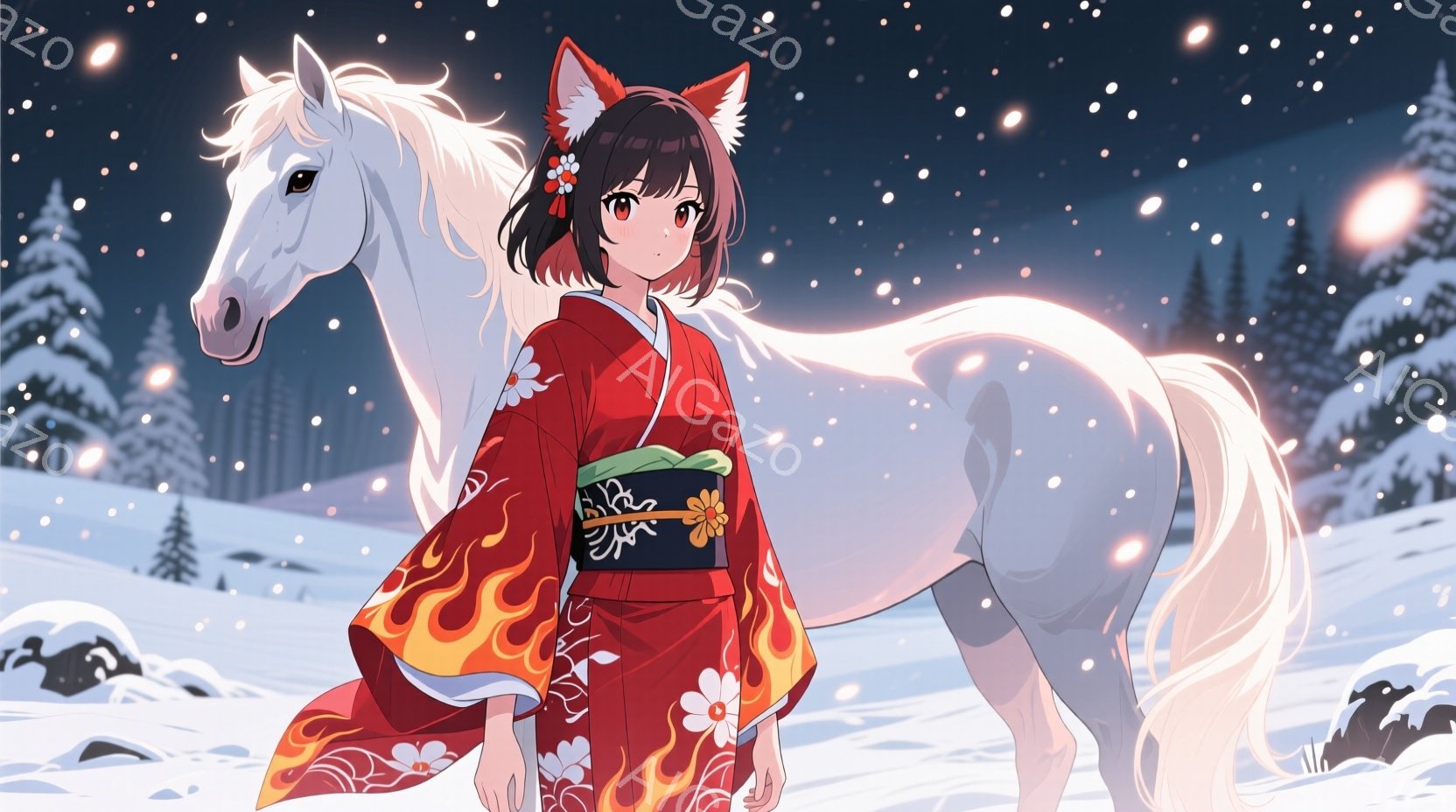 鮮やかな赤色の着物を着た少女が、雪景色の中で白い馬と並んで立っています。少女は黒髪で、髪飾りをつけており、穏やかな表情を浮かべています。背景には雪に覆われた木々が立ち並び、空には星が輝き、幻想的な冬の雰囲気を醸し出しています。
