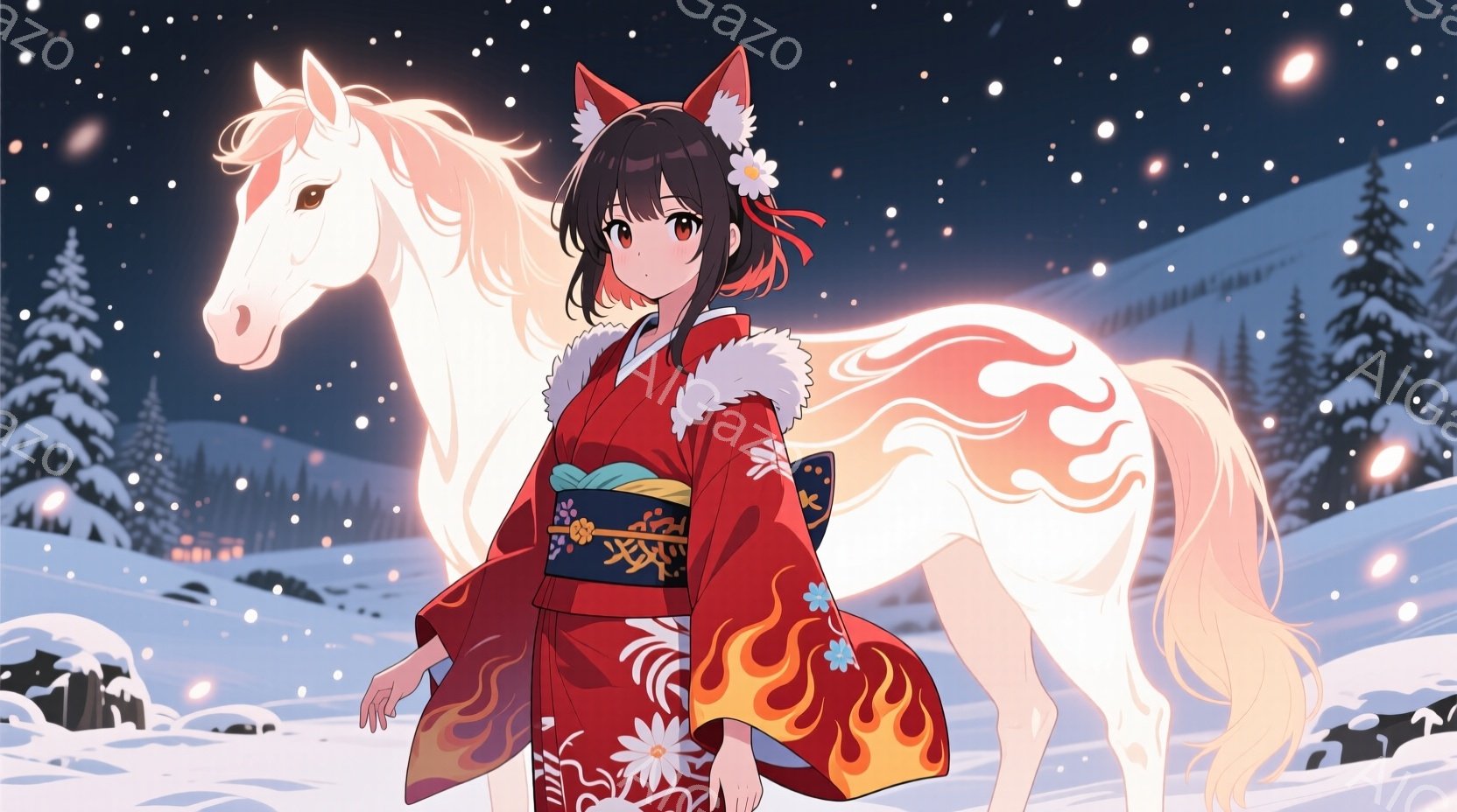 雪景色の中に、赤い着物を着た少女と白い馬が描かれています。少女は黒髪を三つ編みにし、髪飾りをつけて微笑んでいます。背景には雪に覆われた木々と、遠くに見える灯りのともる建物があり、幻想的な雰囲気を醸し出しています。