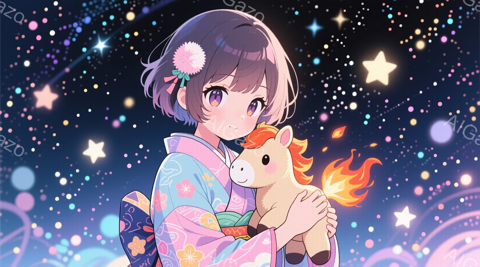 少女はピンクと白を基調とした花柄の着物を着ており、髪にはピンクの飾りを付けています。彼女は両手で小さなクリーム色のユニコーンのぬいぐるみぎゅっと抱きしめており、穏やかで優しい表情をしています。背景はき - AI生成フリー素材