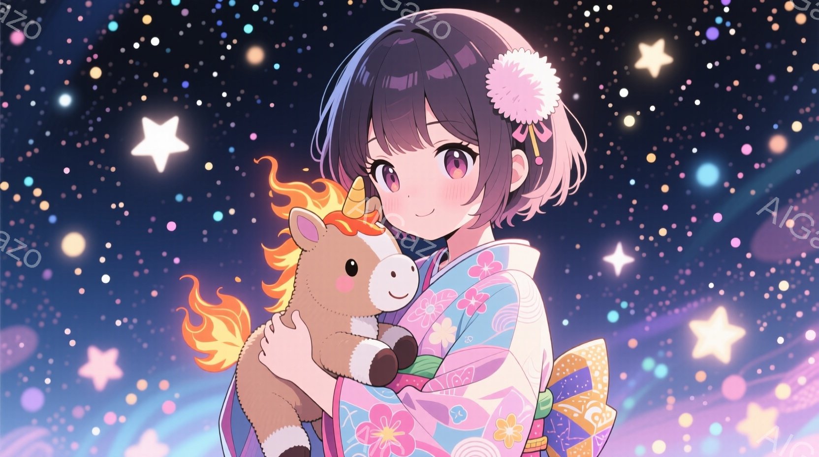 明るい茶色の短い髪に、ピンクの花飾りをつけた少女が描かれています。彼女はピンクと緑の可愛らしい柄の着物を着ており、抱きしめるように茶色の馬のぬいぐるみを抱えています。背景は星が散りばめられた夜空で、全体的に温かく、優しい雰囲気を醸し出しています。