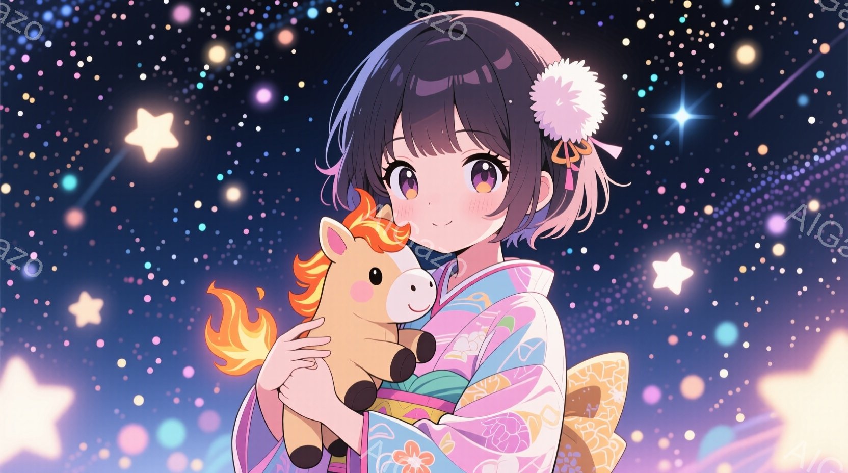 明るいピンクと紫色の花柄の着物を着た少女が、小さなオレンジ色のたてがみを持つぬいぐるみ馬を抱きしめています。彼女は黒髪で、髪飾りをつけており、頬は赤く、微笑んでいます。背景は星と光の粒子で満たされ、全 - AI生成フリー素材