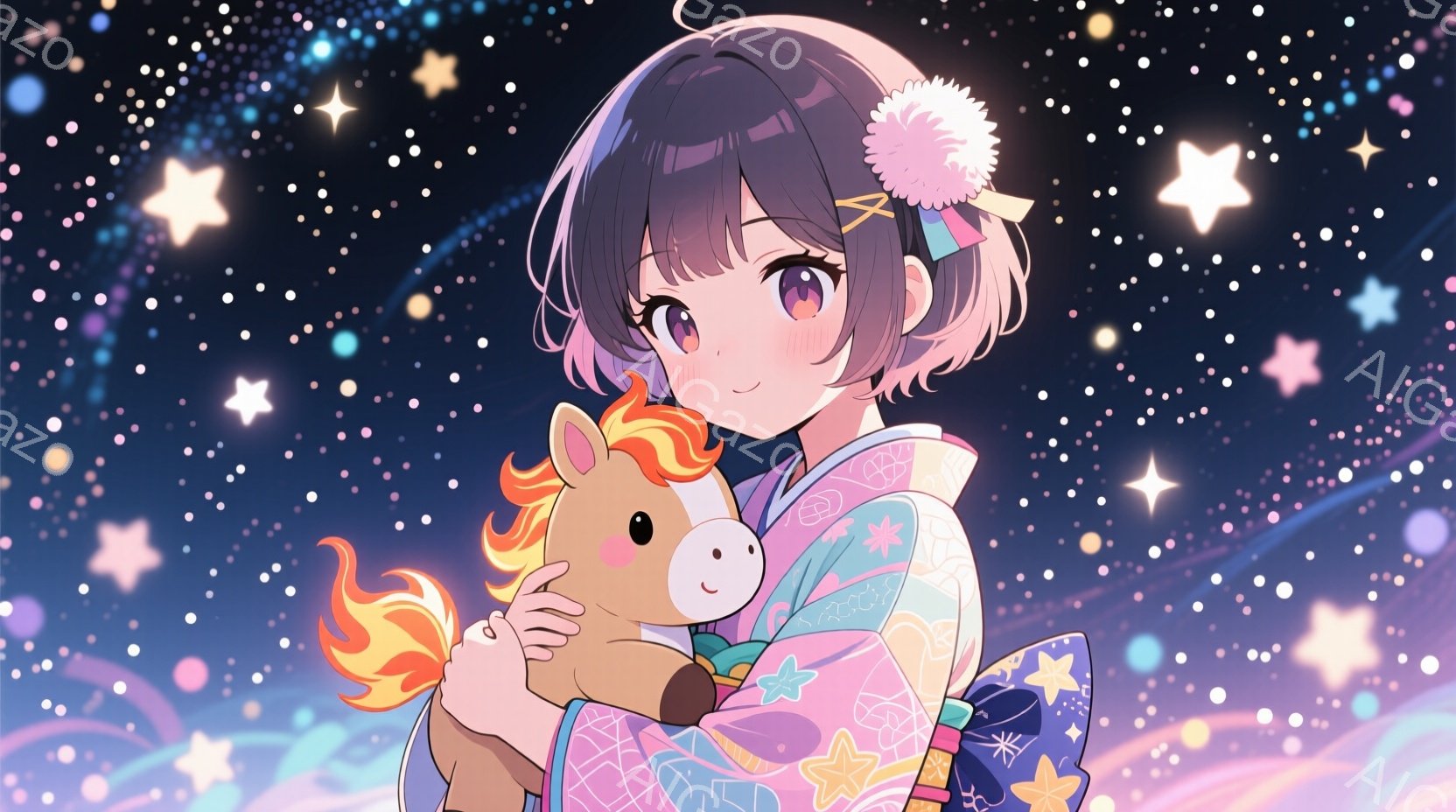 明るい茶色の髪にピンク色のリボンをつけた少女が、抱きしめるぬいぐるみのような馬を抱えています。彼女は華やかな模様の着物と、それと調和する髪飾りをつけており、微笑みを浮かべています。背景は、さまざまな色 - AI生成フリー素材