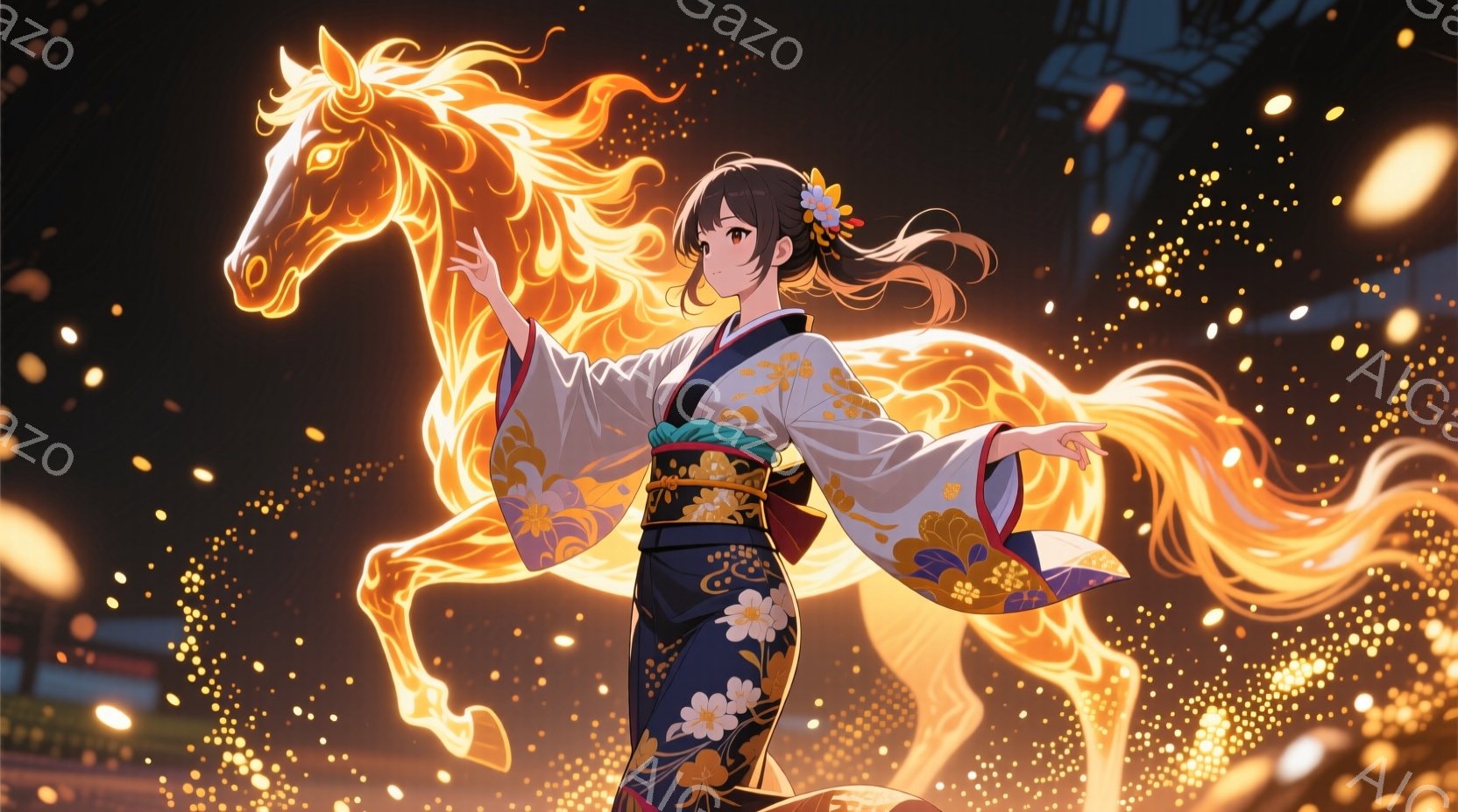 白い着物に青と黄色の花柄が描かれた帯を締めた若い女性が、燃え盛るような金色の馬のシルエットと一体化している。彼女は少し微笑み、片手を前に、もう片手を少し後ろに伸ばしたポーズをとっている。背景にはぼやけ - AI生成フリー素材