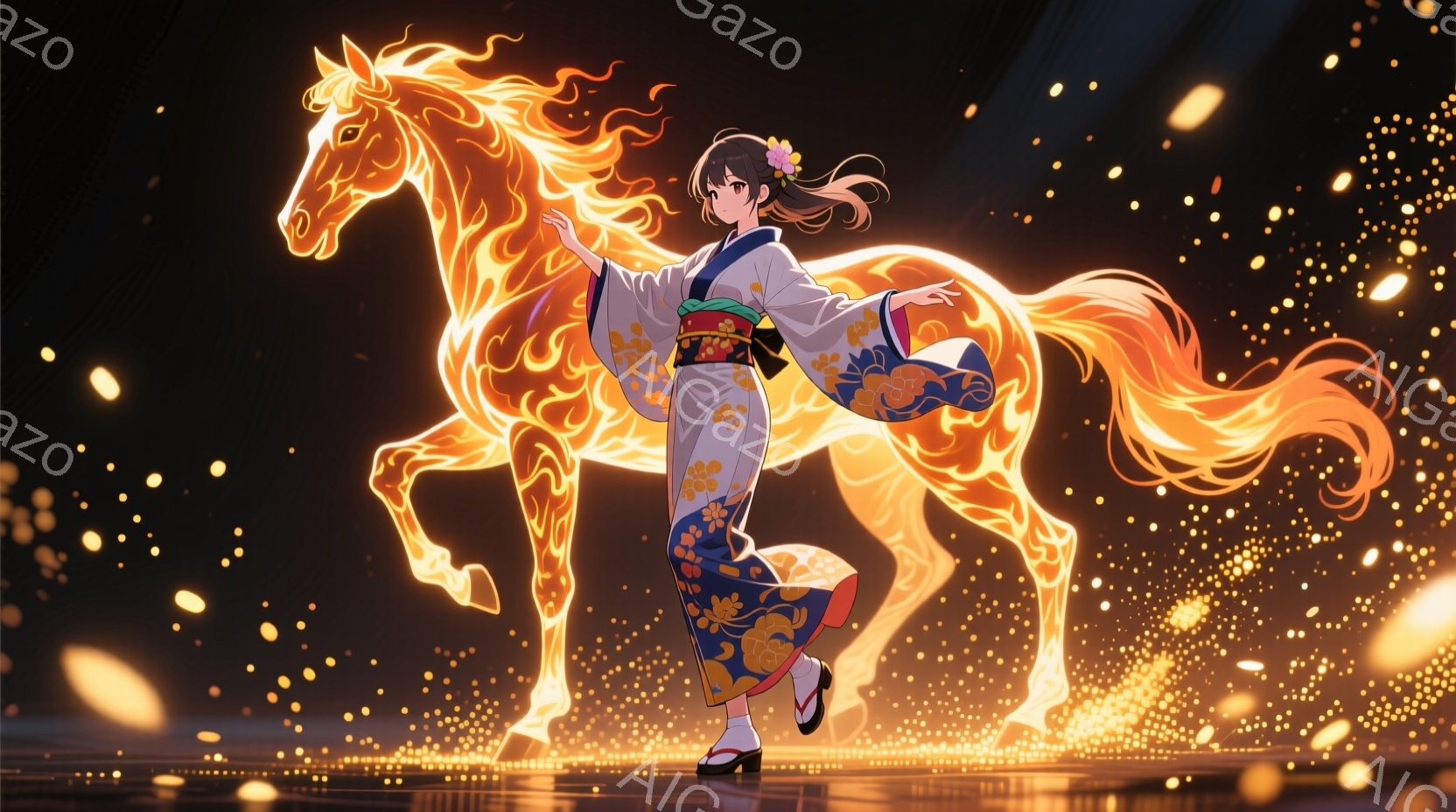 鮮やかなオレンジ色の光を放つ馬のシルエットの中に、着物を着た少女が溶け込むように存在している。少女は黒髪を後ろで結い、微笑みを浮かべながら、馬の胴体部分に手を添え、まるで一体化しているかのように見える - AI生成フリー素材