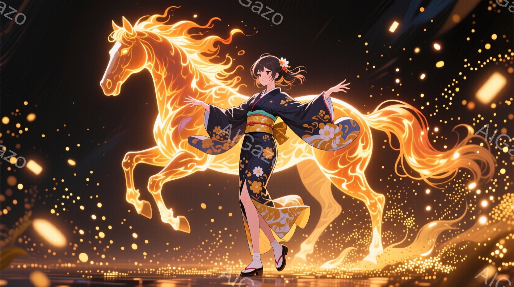 暗い背景に、着物を着た若い女性が、炎のような馬の姿と一体化しています。彼女は黒い着物で、金色の花柄が施され、鮮やかな帯が締まっています。輝く粒子に囲まれ、女性は両手を広げ、まるで馬の動きを導いているかのような、優雅で神秘的な雰囲気を醸し出しています。
