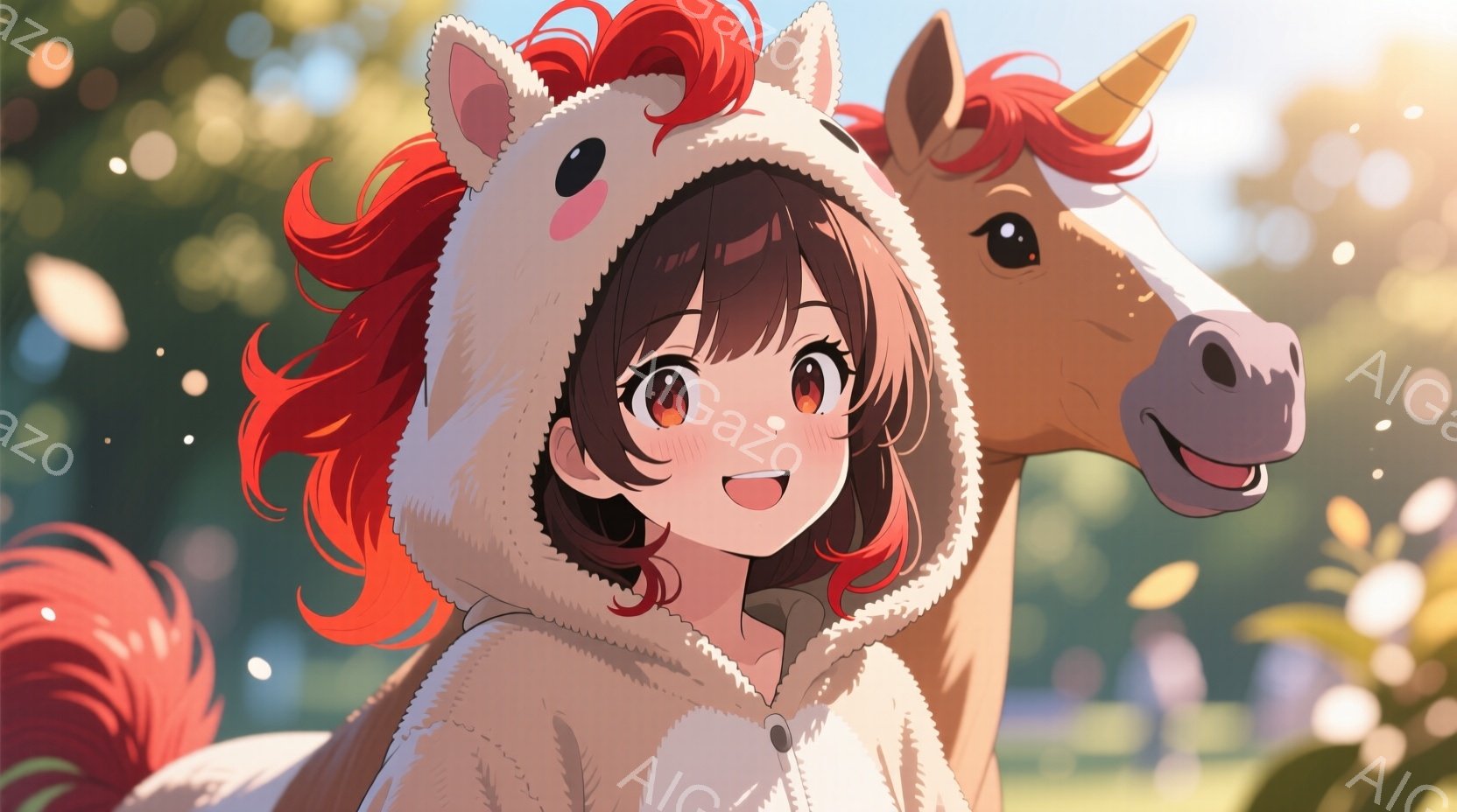茶色の巻き髪に赤いハイライトが入った少女が、クリーム色のユニコーンのパーカーを着て微笑んでいます。彼女は顔を少し傾け、楽しそうな表情をしています。背景は緑豊かな木々とぼやけた光の粒子で、晴れた日の穏や - AI生成フリー素材