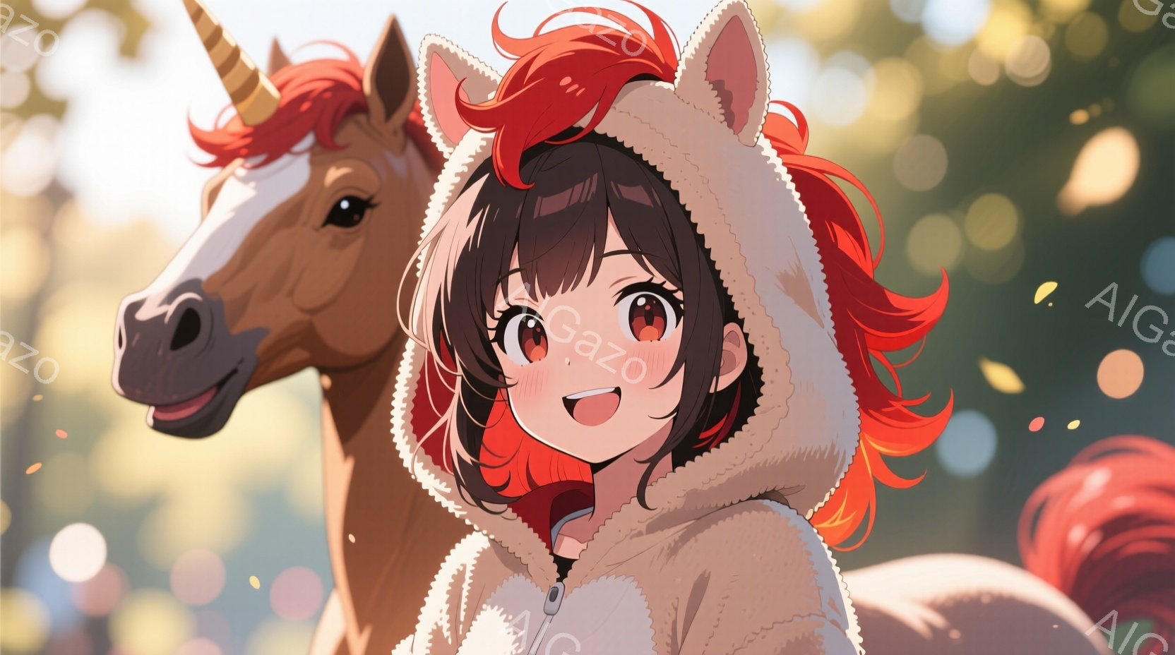 栗色のユニコーンの隣にいる、赤い髪と茶色の目を持つ若い女性が描かれています。彼女は白いフード付きのセーターを着ており、顔には明るい笑顔が浮かんでいます。背景はぼやけた自然の風景で、暖かい色調と光の粒子が幻想的な雰囲気を醸し出しています。