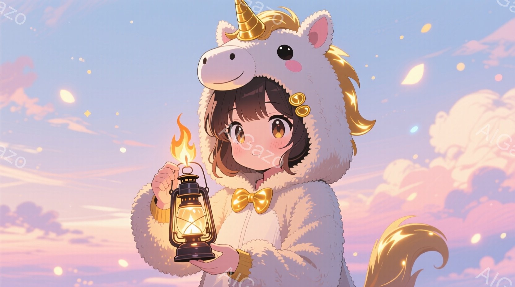 明るい茶髪の少女が、ユニコーンの着ぐるみ姿で描かれている。彼女は金色のリボンと黄色いセーターを着て、片手に灯りを灯したランタンを持っている。背景は夕焼けのようなピンクとオレンジのグラデーションで、空に - AI生成フリー素材