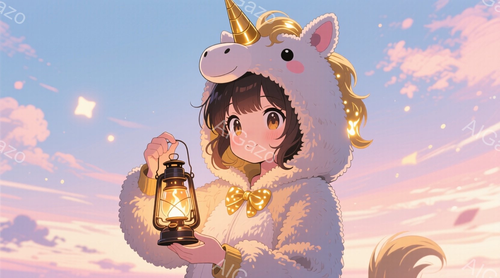金髪の巻き毛をした少女が、白いユニコーンの着ぐるみのような服を着て、片手にランタンを持っています。彼女は優しい笑顔で、どこか幻想的な雰囲気を漂わせています。背景は夕焼け空で、淡いピンクやオレンジ色が広 - AI生成フリー素材
