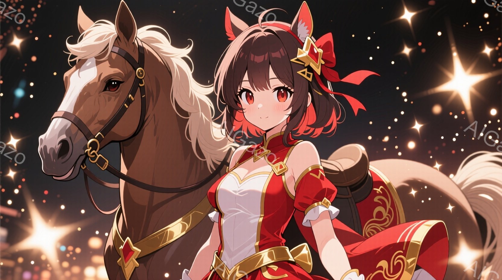 赤髪の少女が茶色の馬の隣に立っており、赤い衣装を着ています。衣装は金色の装飾が施され、白いインナーが覗いています。背景には星のような光が散りばめられ、華やかでファンタジックな雰囲気を醸し出しています。