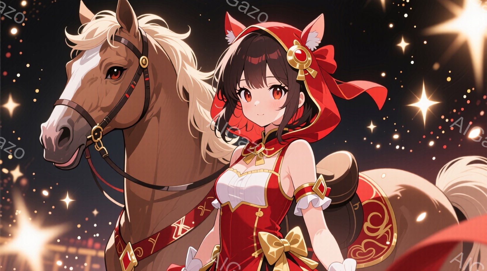 明るい栗色の髪の女性が、茶色の馬に乗ってこちらを見ています。彼女は赤いフードと金色の装飾が施された赤いドレスを着ており、表情は自信に満ちています。背景には星が輝き、華やかな雰囲気を醸し出しています。