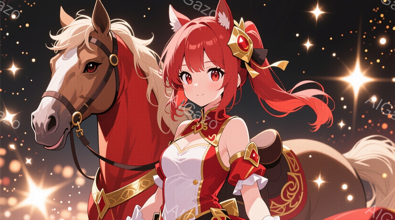 赤い髪をツインテールにした若い女性が、茶色の馬に乗っています。彼女は白と赤の装飾が施された衣装を着ており、自信に満ちた表情で前を見据えています。背景は暗く、星のような光が散りばめられており、全体的に華やかで活気に満ちた雰囲気が漂っています。
