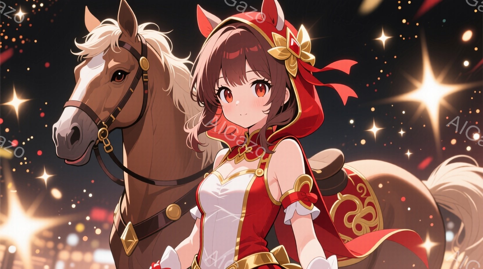 明るい茶色の髪に赤いリボンをつけた女性が、茶色の馬に乗っています。彼女は白を基調としたフリル付きの衣装に、金色の装飾が施された赤いベストを着用しており、自信に満ちた表情をしています。背景には、ぼやけた光の粒子が散りばめられており、華やかで幻想的な雰囲気を醸し出しています。