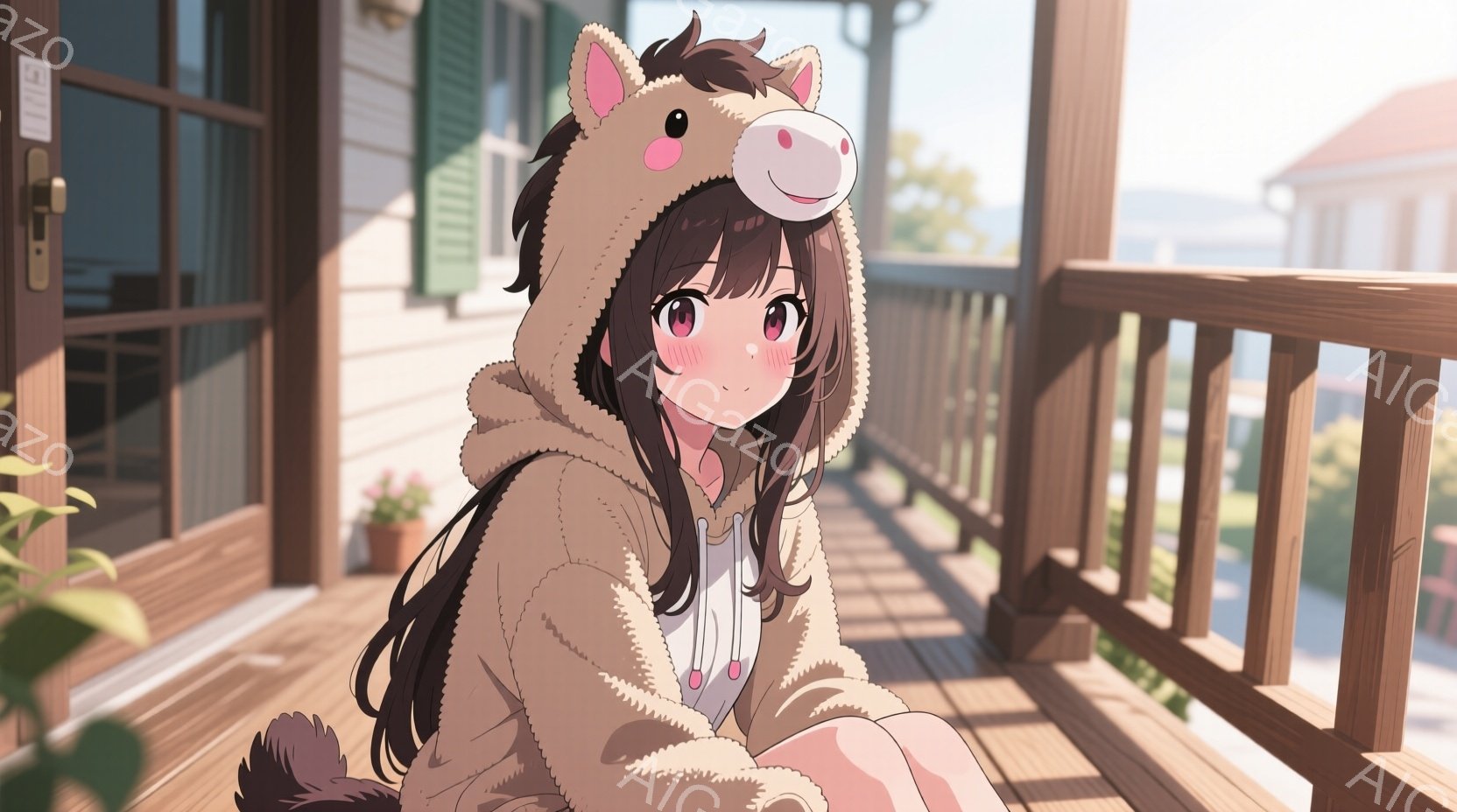 長い黒髪の少女が、馬の着ぐるみのような服を着て、ベランダに座っています。彼女は少し照れたような表情をしており、リラックスした雰囲気です。背景には木造の家や緑豊かな自然が広がり、晴れた日の穏やかな光が差し込んでいます。