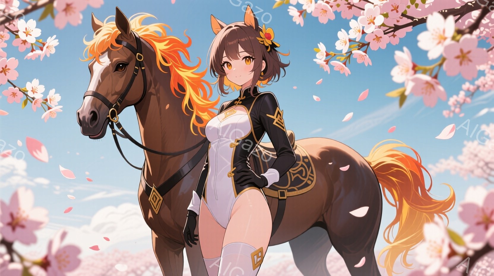 明るい栗色の髪に花飾りをつけた女性が、茶色の馬に寄り添っています。彼女は白を基調とした、金色の装飾が施された体にフィットする衣装を着用し、黒い手袋と膝丈ブーツを履いています。背景には桜の花びらが舞い散り、青空が広がり、春の穏やかな雰囲気を醸し出しています。