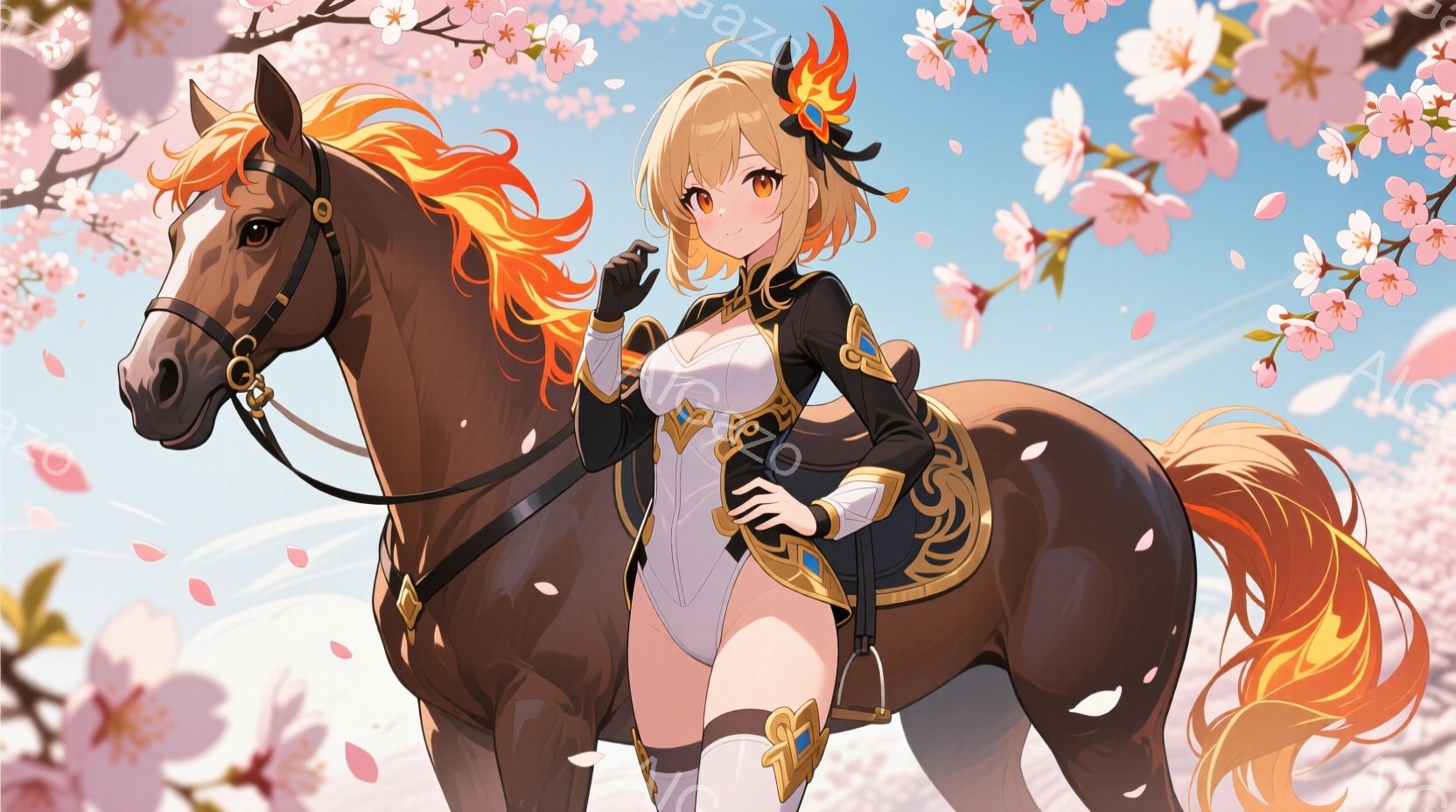 金髪の少女が茶色の馬に乗っているイラストです。彼女は白を基調とした装飾的な衣装を身につけ、黒い手袋とブーツを着用しています。背景には桜の花びらが舞い散り、明るく穏やかな春の日の雰囲気が漂っています。 - AI生成フリー素材