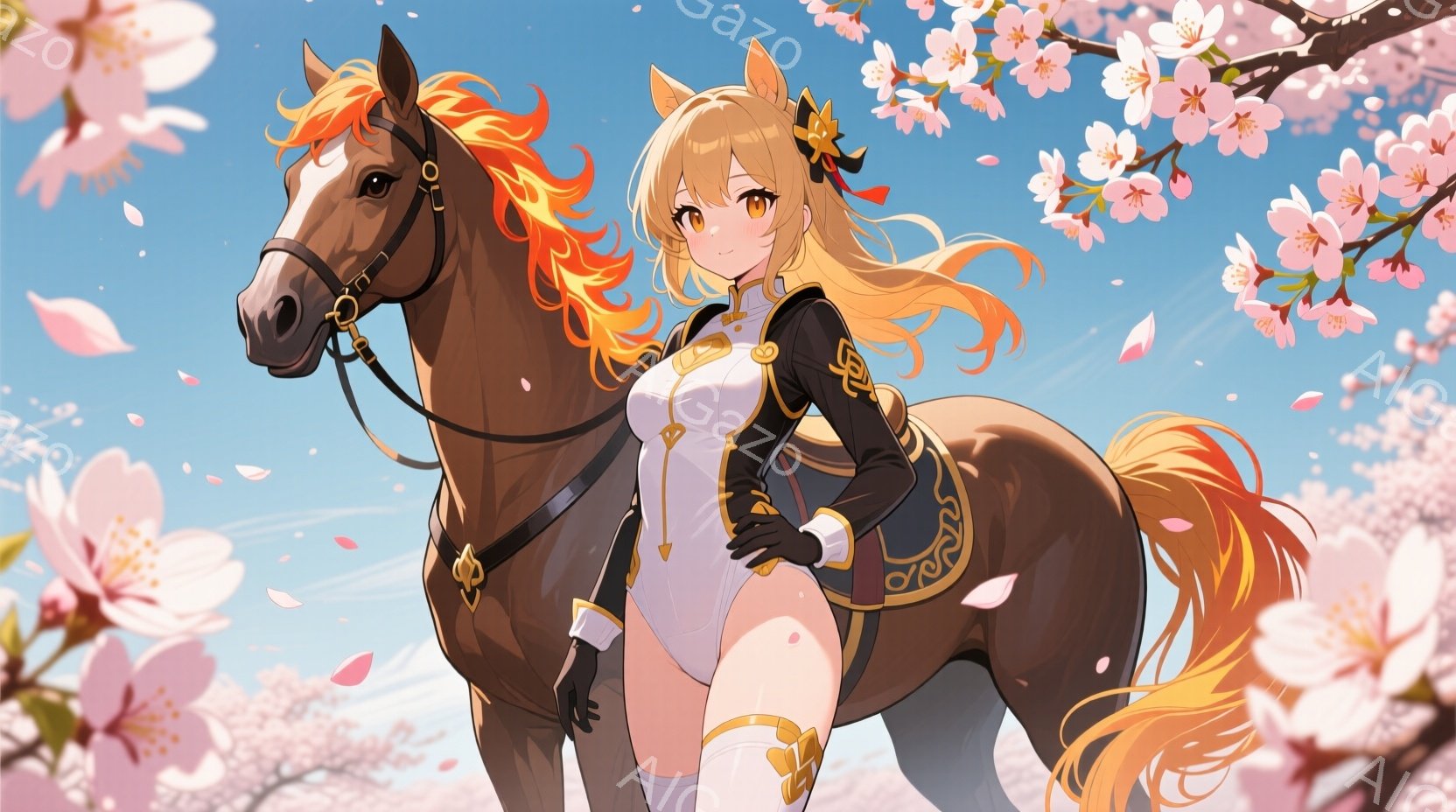 明るい茶色の髪を長く伸ばした女性が、茶色の馬に乗っています。彼女は白を基調とした装束に、金色の装飾が施された黒い手袋とブーツを着用しており、自信に満ちた表情を浮かべています。背景には桜の花びらが舞い散り、青空が広がっており、春の穏やかな雰囲気を醸し出しています。