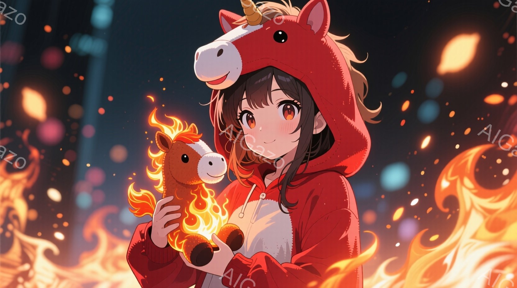 赤いパーカーを着た少女が、抱き締めているユニコーンのぬいぐるみと合わせて描かれている。彼女は茶色の髪を肩まで伸ばし、明るい笑顔で、少し照れたような表情をしている。背景は燃え盛る炎と、ぼやけた光の粒子で - AI生成フリー素材