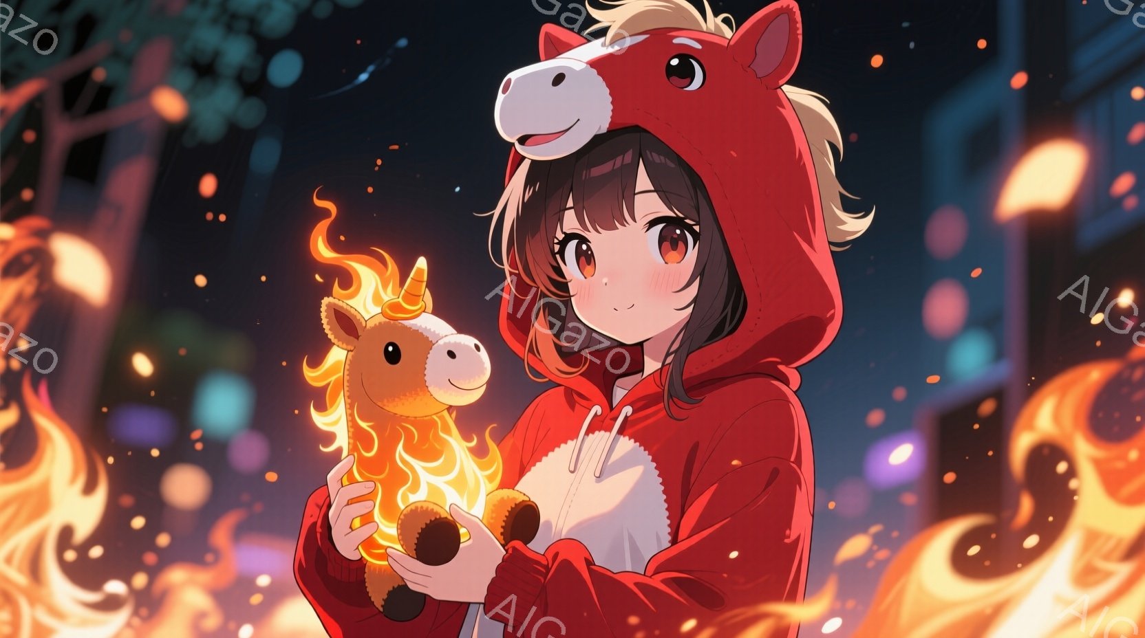 赤いパーカーを着た少女が、同じく赤いユニコーンのぬいぐるみを抱きかかえています。彼女は茶色の巻き髪で、少し微笑んだ表情をしています。背景には燃え盛る炎のような模様があり、暖かく幻想的な雰囲気を醸し出し - AI生成フリー素材