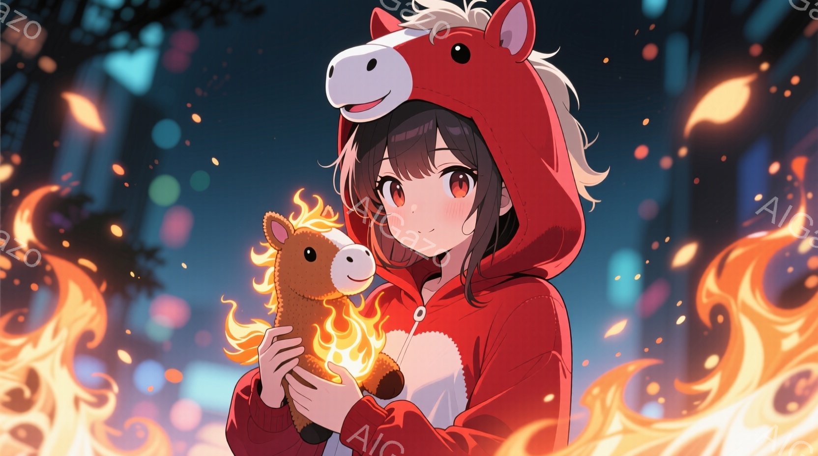 少女は赤いパーカーを着ており、パーカーのフードには馬の顔が付いています。彼女は茶色の髪をしており、優しく微笑んでいます。背景は暗く、オレンジと黄色の炎のような光が散りばめられており、幻想的で温かい雰囲 - AI生成フリー素材