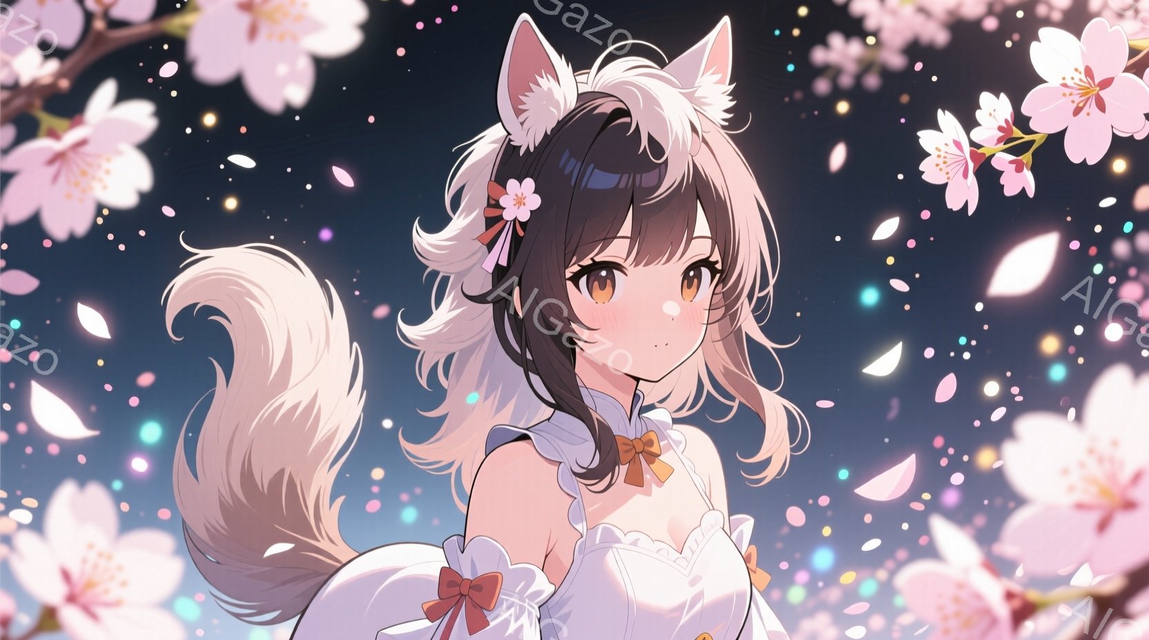 長い茶色のウェーブヘアに、白い猫耳と尻尾を持つ少女が描かれています。白いフリル付きのドレスに身を包み、首にはリボンを結んでいます。背景には桜の花びらが舞い散り、幻想的な雰囲気を醸し出しています。