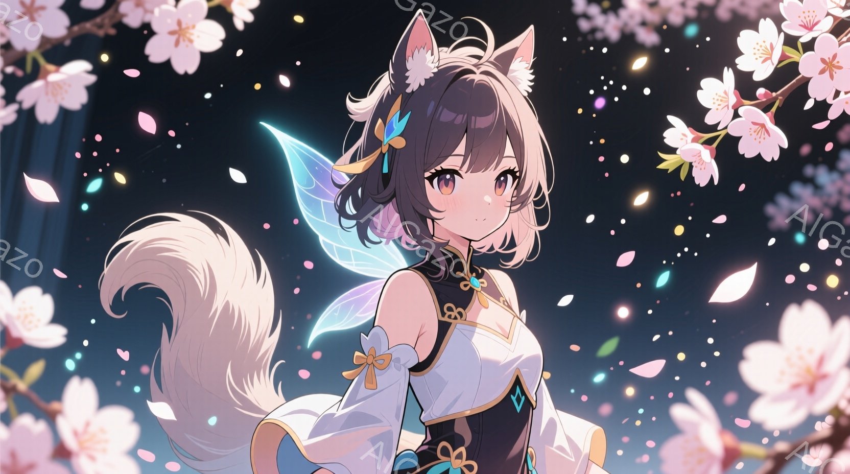 明るい茶色の髪と動物のような耳と尻尾を持つ若い女性が描かれています。彼女は白と黒の着物を着ており、金色の帯で締めています。背景には桜の花びらが舞い、幻想的で穏やかな雰囲気を醸し出しています。