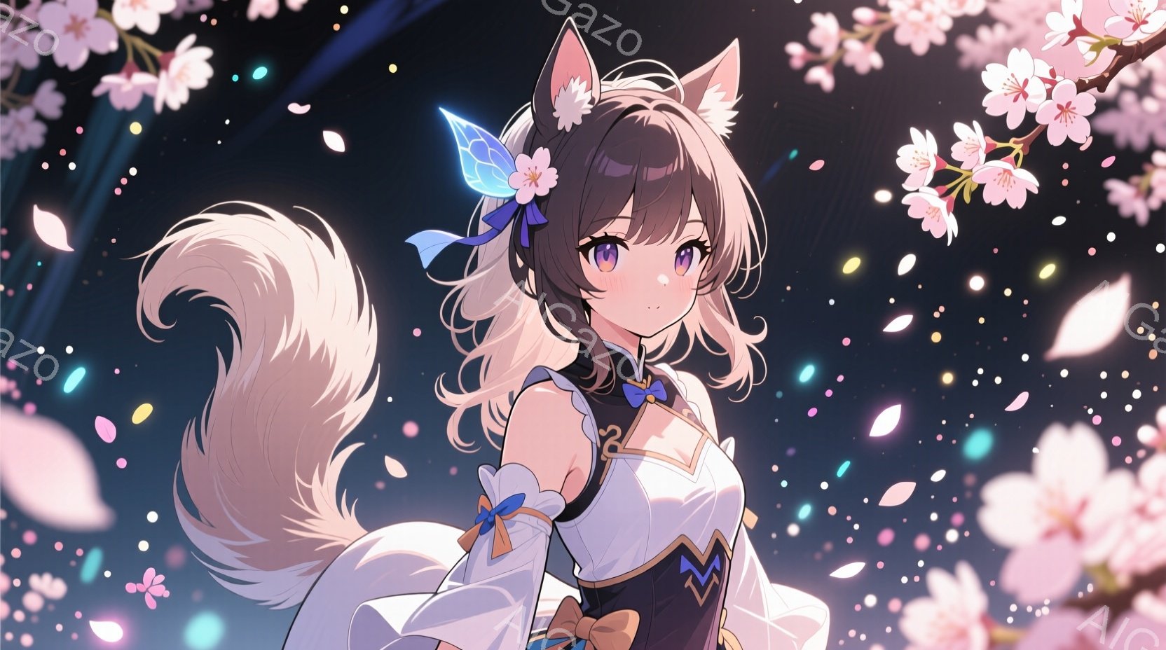 金髪の長い髪に、片側に花飾りをつけた女性が描かれています。白いトップスに黒い装飾が施され、ふわふわの白い尻尾が特徴的です。背景には桜の花びらが舞い散り、幻想的で春らしい雰囲気を醸し出しています。 - AI生成フリー素材