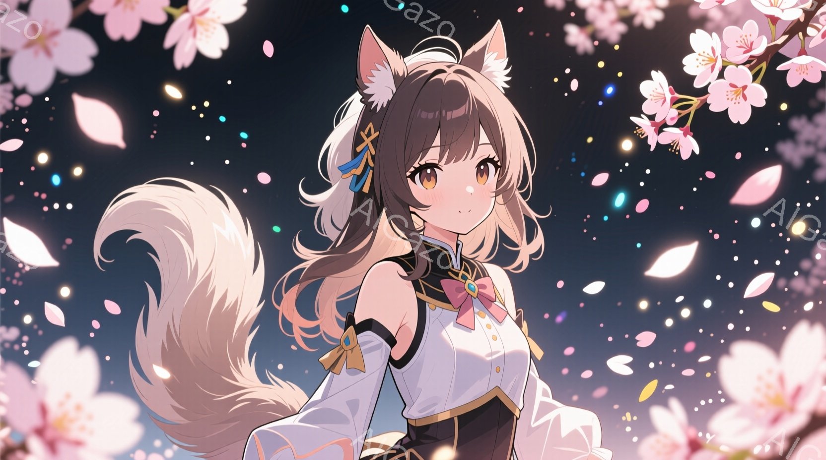 明るい茶色の長い髪に、白と黒の狐耳と尻尾を持つ少女が描かれています。白いシャツに黒いスカートとショートパンツ、そして茶色のリボンと金色の装飾が施された衣装を身に着け、少し微笑んでいます。背景には桜の花びらが舞い、夜空のような暗い色合いが広がっており、幻想的で美しい雰囲気を醸し出しています。