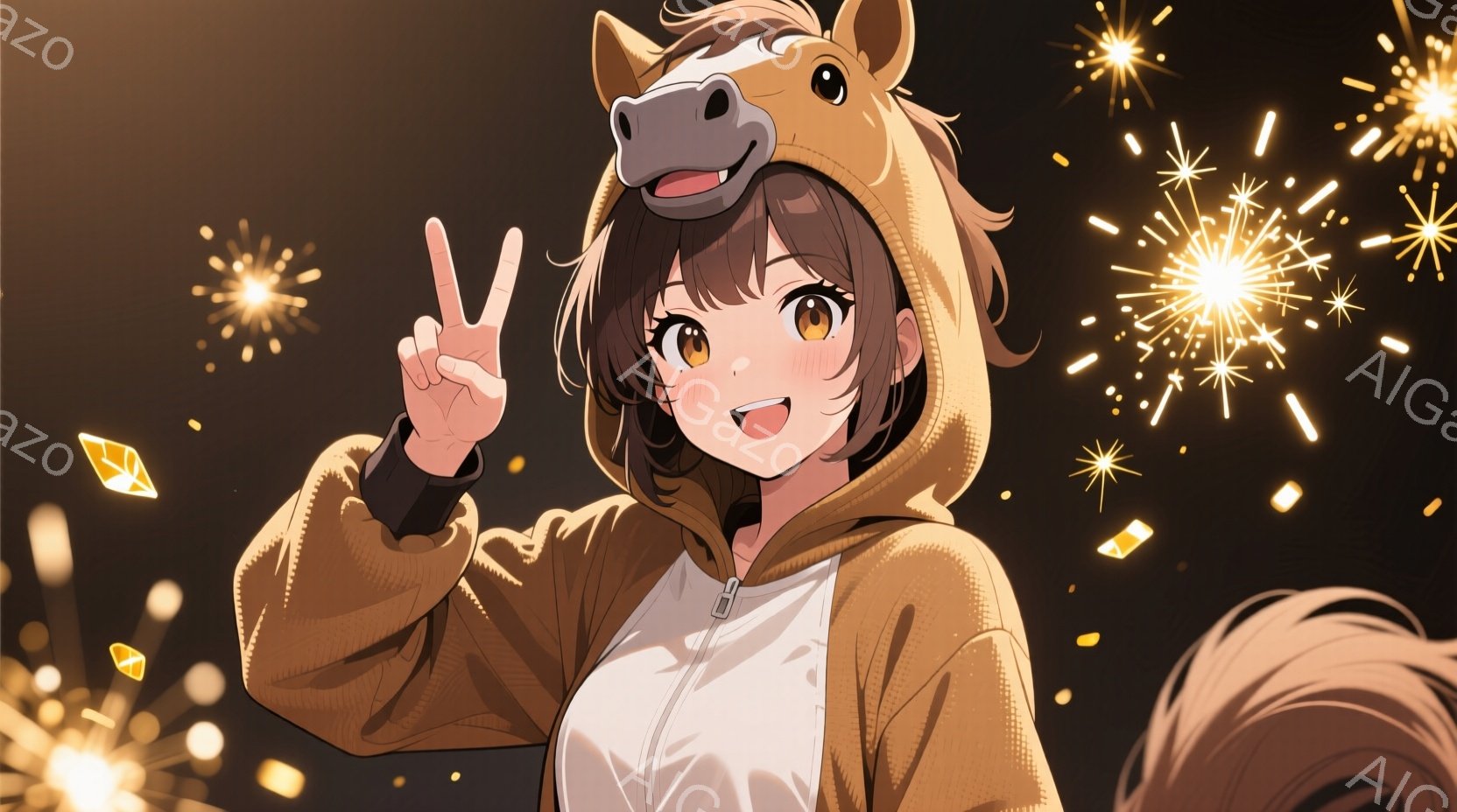 明るい茶色のパーカーを着て、頭には馬の顔のフードが付いた若い女性が描かれています。彼女は笑顔で片手を上げてVサインをしています。背景には金色の光の粒子が散りばめられ、お祝いや楽しい雰囲気を醸し出しています。
