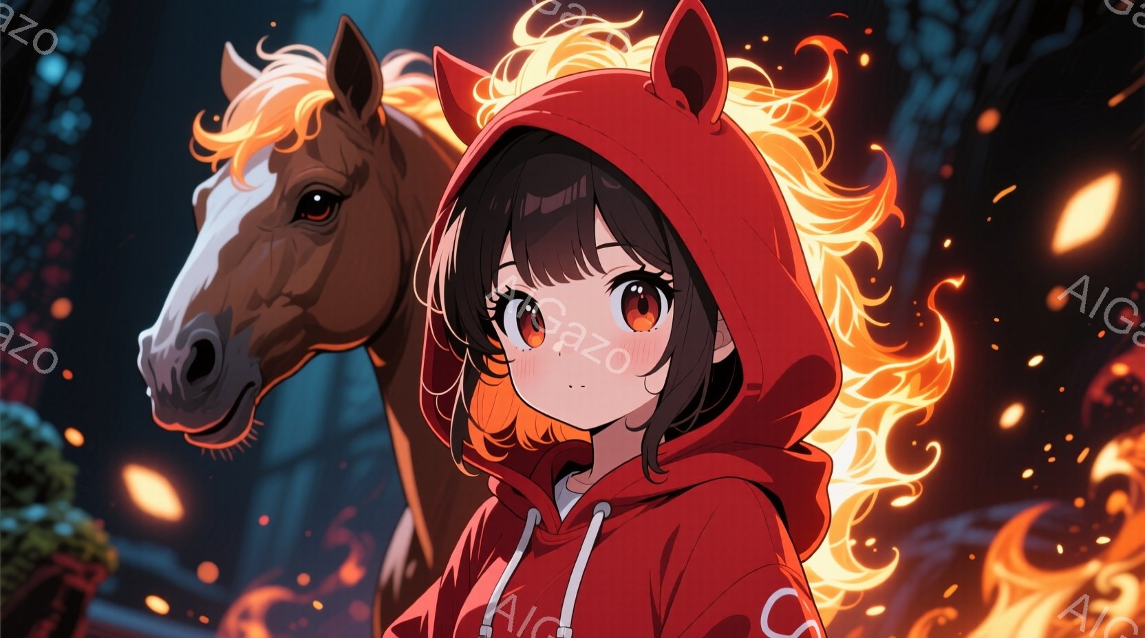少女は赤いフード付きのスウェットシャツを着ており、黒髪のボブカットに、頬は赤く染まっています。彼女は少し顔を傾け、穏やかな微笑みを浮かべています。背景には、炎のようなエフェクトと、ぼやけた茶色の馬の姿が見え、幻想的で神秘的な雰囲気を醸し出しています。