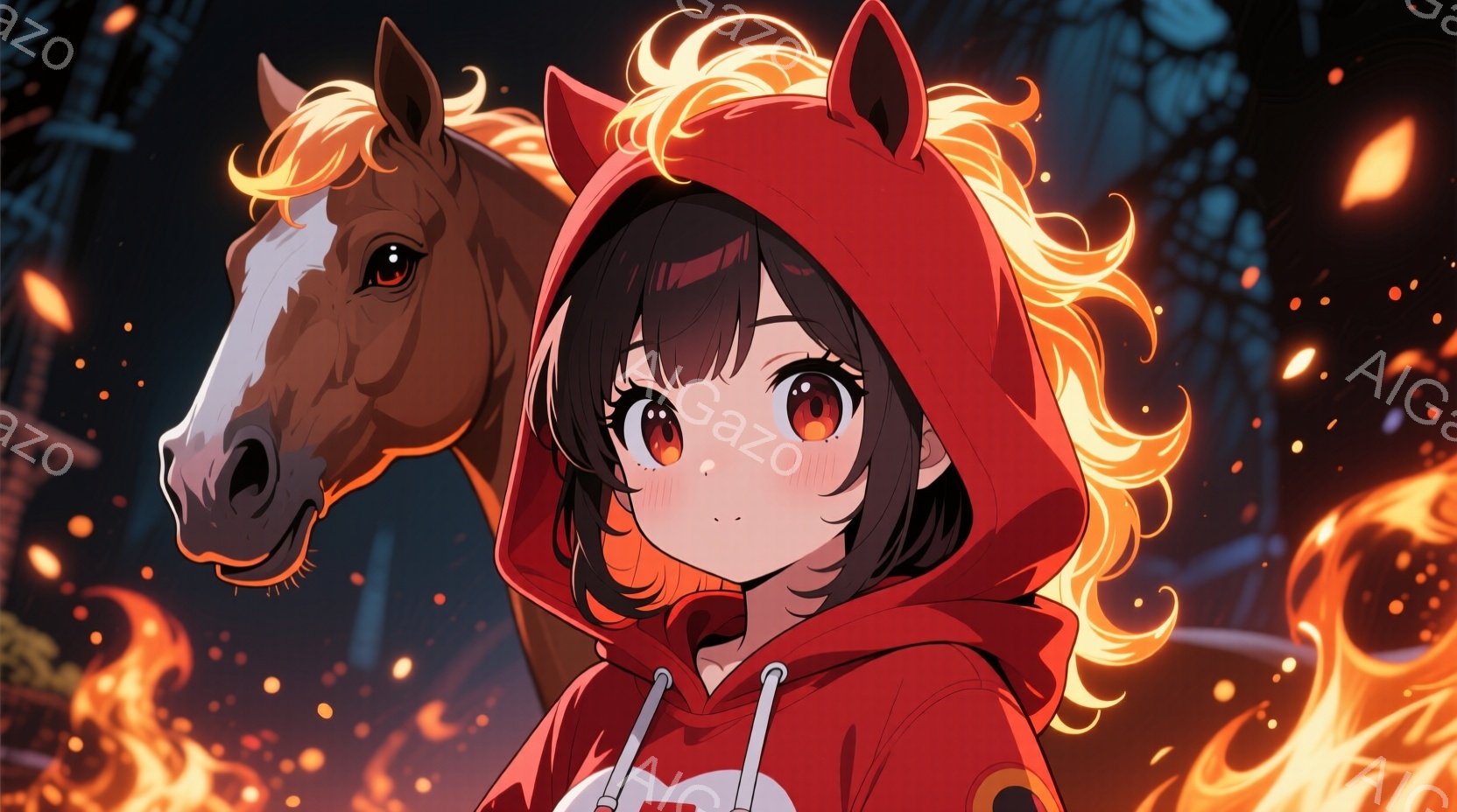 燃え盛る炎に囲まれた背景の中で、フード付きの赤いパーカーを着た若い女性と、彼女の隣に立つ茶色の馬を描いています。女性は黒髪で、少し恥ずかしそうな表情で、馬は燃えるような髪の毛を持っているように見えます。 全体的に、燃えるような色彩と、馬と女性の組み合わせが、ファンタジー的で神秘的な雰囲気を醸し出しています。