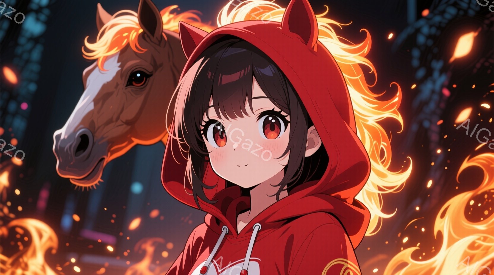 赤色のフード付きセーターを着た若い女性が描かれています。彼女はダークブラウンの髪を持ち、明るい赤色の瞳で、わずかに微笑んでいます。背景には、燃え盛る炎と、ぼやけた馬のシルエットがあり、ダイナミックで熱狂的な雰囲気を作り出しています。