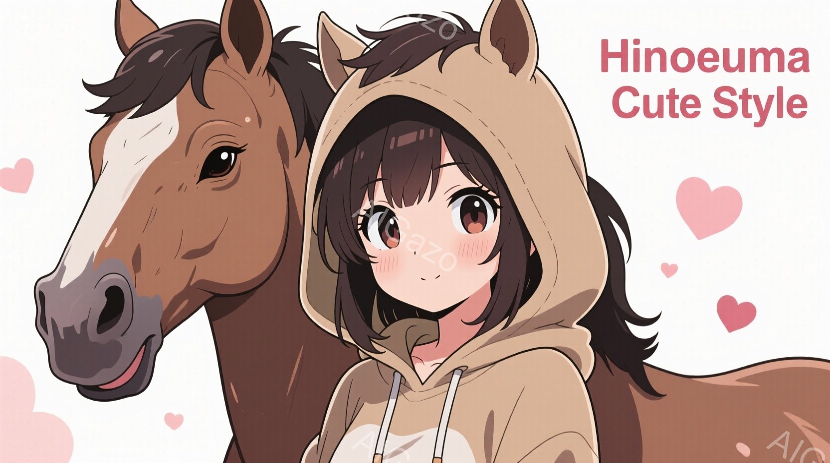 明るい茶色の毛並みを持つ馬が、フード付きのセーターを着た若い女性の横に寄り添っています。女性は、茶色の短い髪を持ち、少し照れたような表情で微笑んでいます。背景は淡いピンク色で、全体的に暖かく、優しい雰 - AI生成フリー素材