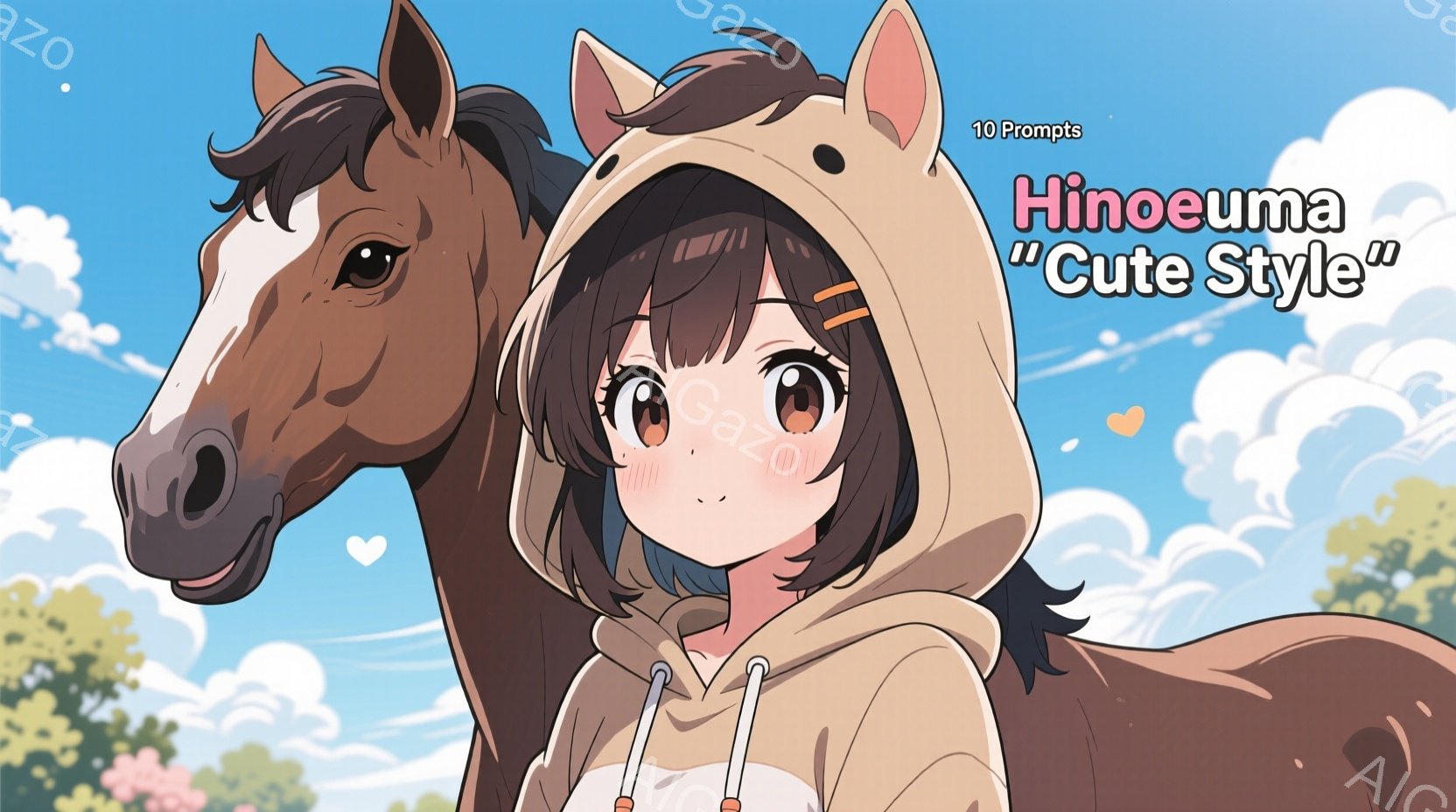 茶色の髪の少女は、オフホワイトのパーカーを着て、頭にフードをかぶっています。彼女は少し恥ずかしそうに微笑んでおり、頬はほんのり赤くなっています。背景には、花々が咲き乱れる緑豊かな風景と、柔らかい雲が浮かぶ青空が広がっています。