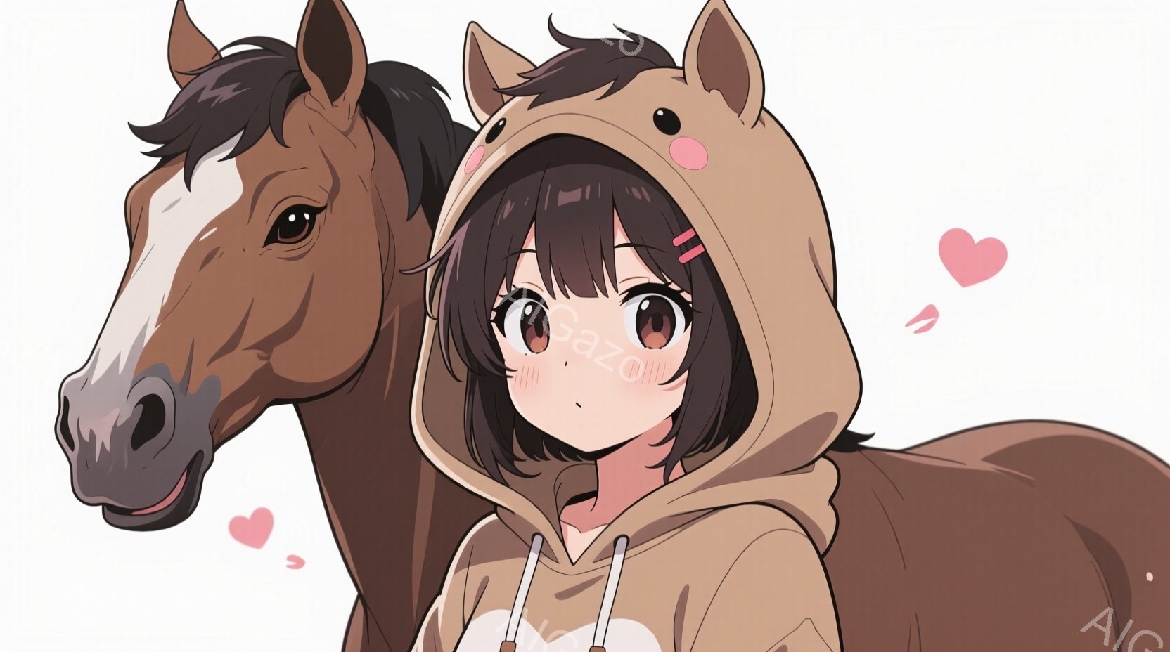 茶色の髪の少女は、フード付きのセーターを着て、頬を赤らめて微笑んでいます。彼女のすぐ隣には、茶色の馬の顔が描かれており、まるで少女と馬が一緒にいるかのような構図です。背景は白く、人物と馬が際立っています。