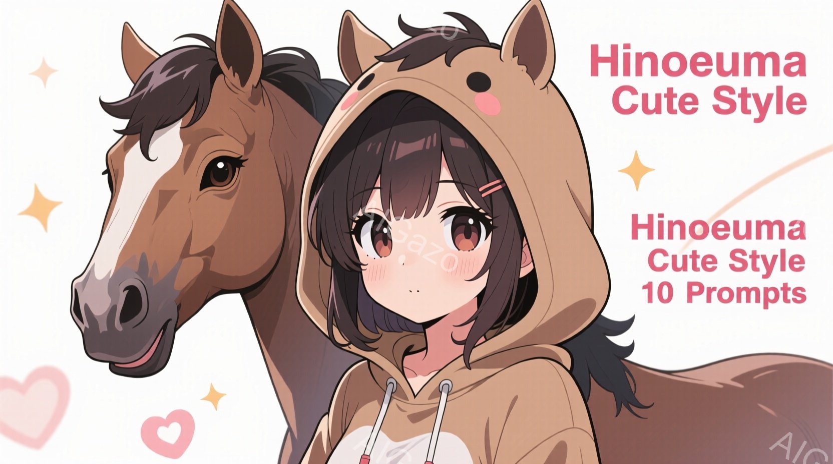 暗褐色の髪に黒のリボンをつけた少女が、ベージュ色のパーカーを着ています。彼女は少し頬を赤らめ、穏やかな笑顔を浮かべています。背景には茶色の馬が描かれており、ピンクと黄色のきらきらした装飾が可愛らしさを強調しています。