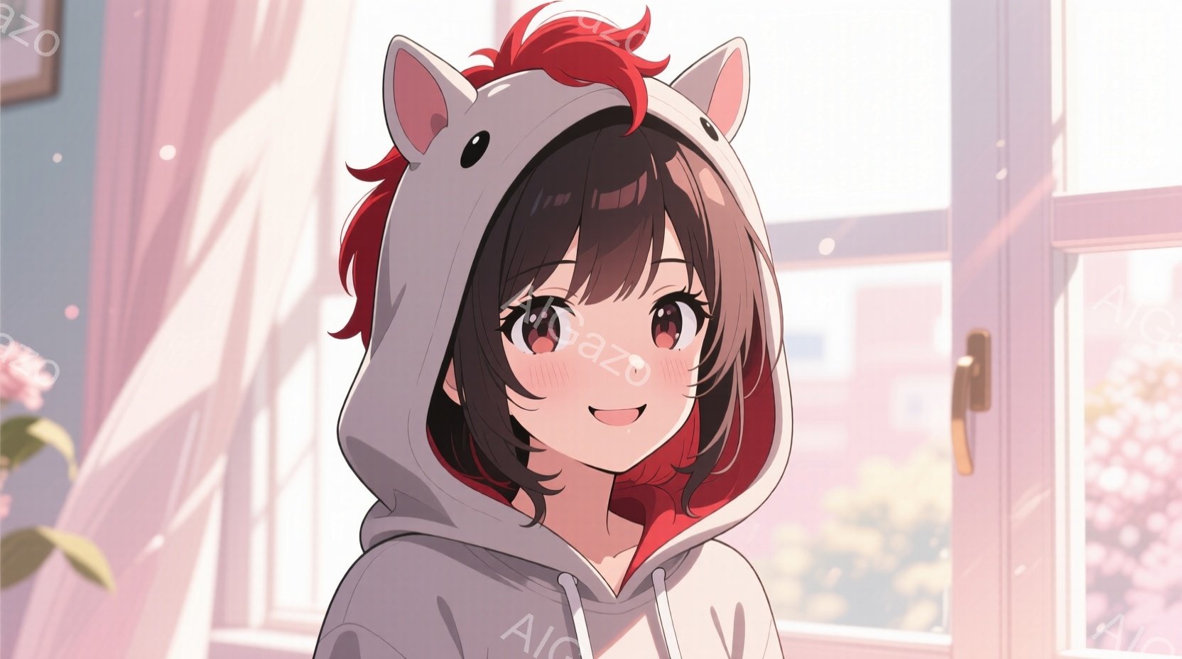 ショートカットの茶髪の女性が、赤いアクセントのフード付きセーターを着て微笑んでいます。彼女はわずかに顔を上げており、明るい表情で、背景には窓から差し込む柔らかな光と、ぼやけた花が散りばめられています。全体的に、暖かく、穏やかで、幸せな雰囲気です。