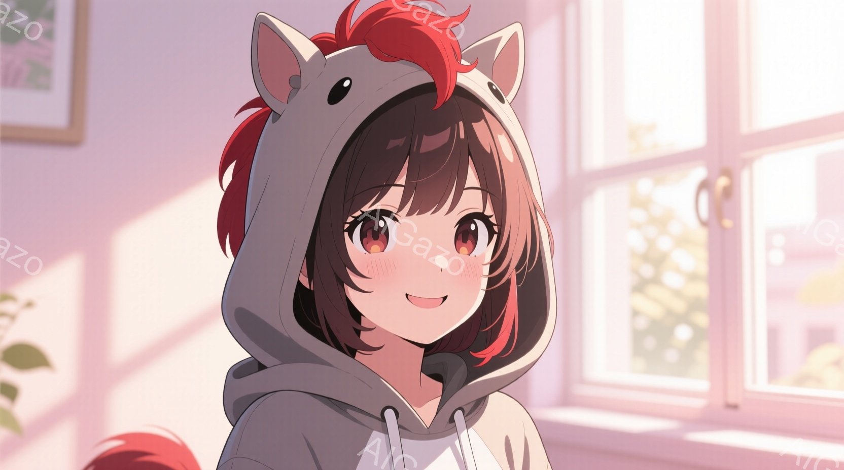 赤茶色の髪に、ユニコーンのフードが付いたグレーのパーカーを着た若い女性が描かれています。彼女は微笑んでおり、明るい茶色の瞳が輝いています。背景には窓があり、緑豊かな木々が見え、暖かい光が彼女を照らして - AI生成フリー素材