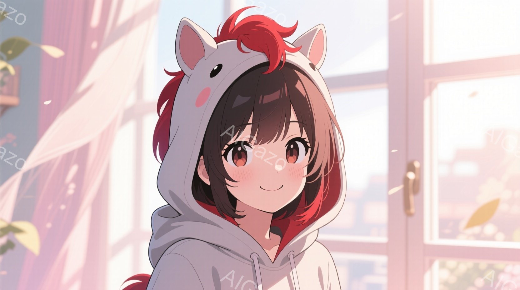 赤毛の少女が、白いフード付きのユニコーンの着ぐるみのようなものを着ています。彼女は微笑んでおり、大きな瞳と頬の赤みが可愛らしい印象を与えます。背景には窓と建物が見え、柔らかい光が差し込み、温かく穏やかな雰囲気を醸し出しています。