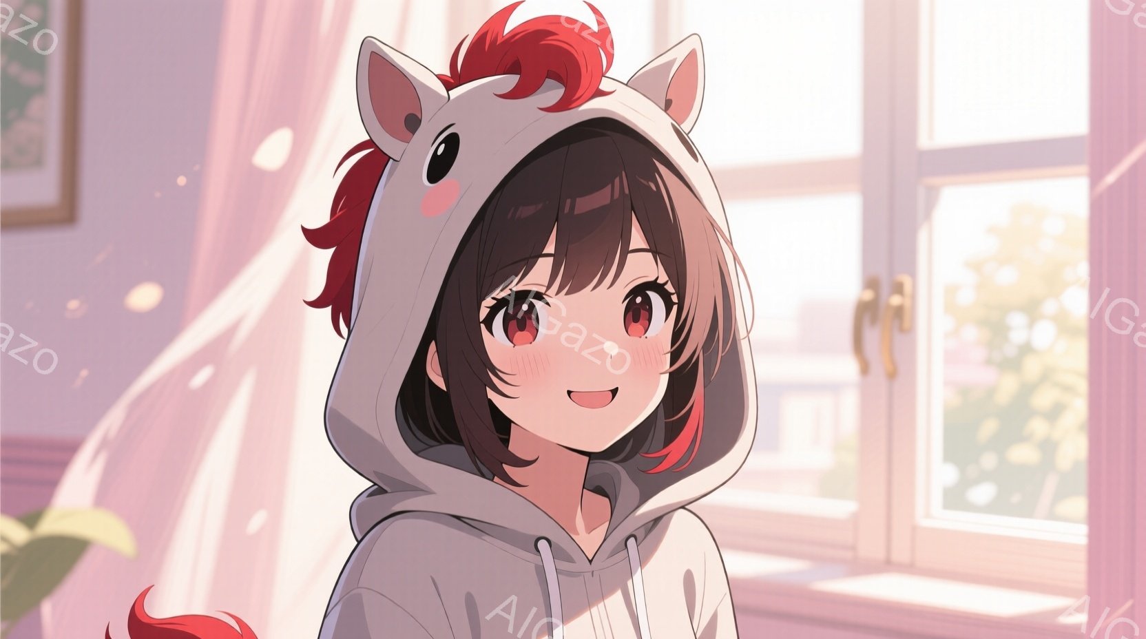 短い茶色の髪に赤いメッシュが入った少女が、ユニコーンのフード付きパーカーを着ています。彼女は微笑んでおり、その表情は明るく幸せです。背景には、窓から差し込む光と植物が見え、全体的に温かく、穏やかな雰囲 - AI生成フリー素材