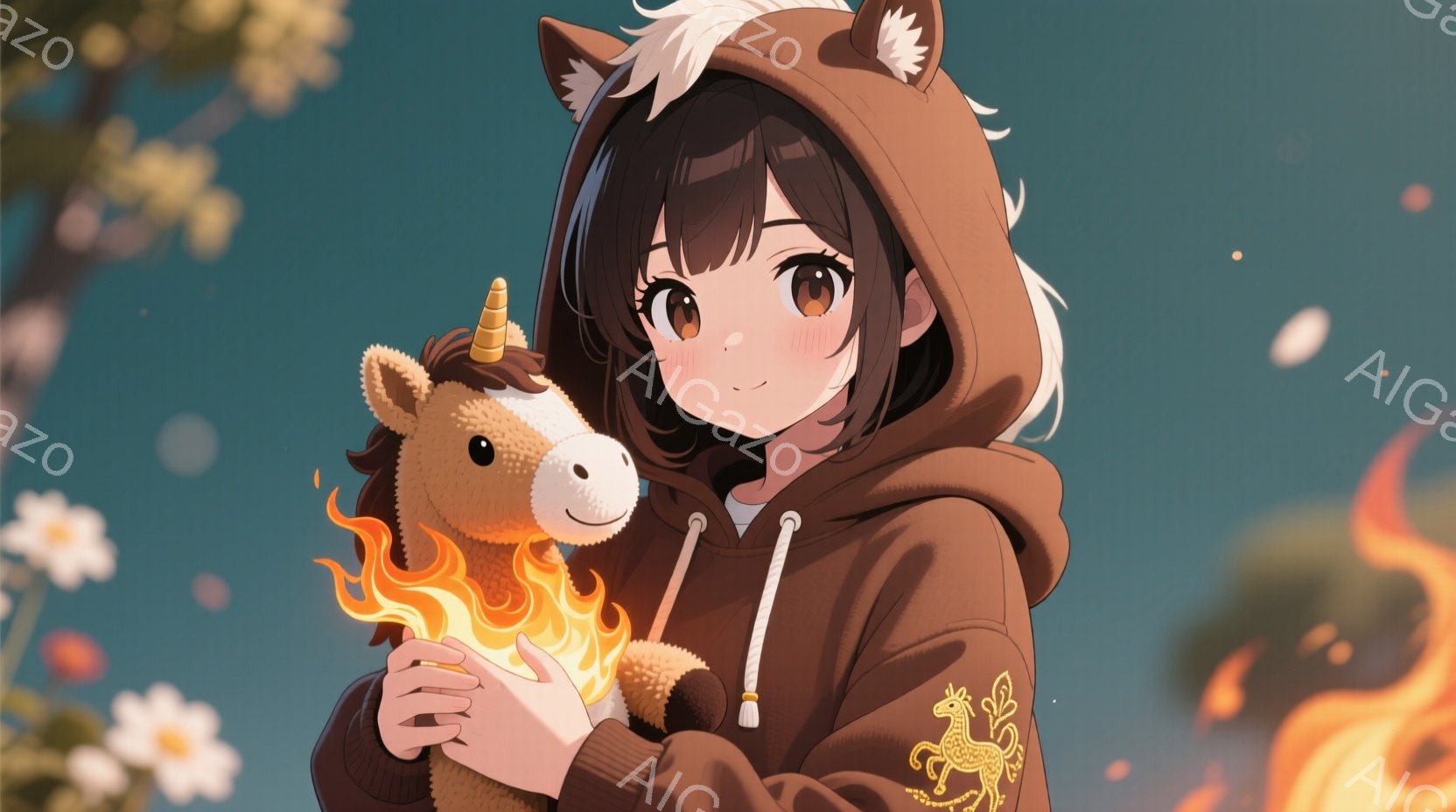 茶色のパーカーを着た若い女性が、燃え盛るユニコーンのぬいぐるみ抱きしめています。彼女は黒髪で、前髪が目に少しかかっており、優しい微笑みを浮かべています。背景にはぼやけた花や光の粒子があり、全体的に暖かくファンタジックな雰囲気が漂っています。